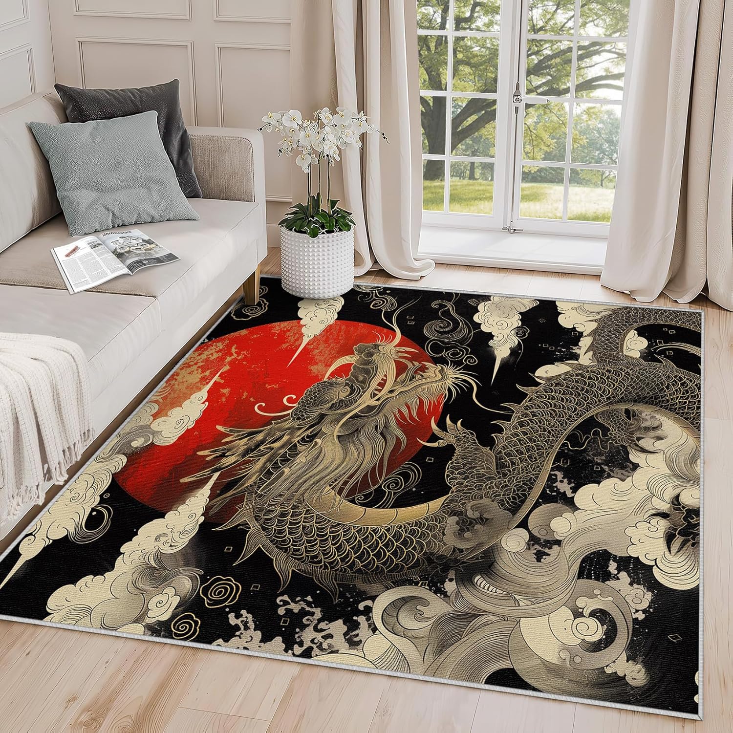 5x7 Rug - Chinese & Japanese Dragon Fantasy Animal Rugs for Living Room & Bedroom - Asian Oriental Washable & Non Slip Large Indoor Area Carpet - Home Decor & Gifts