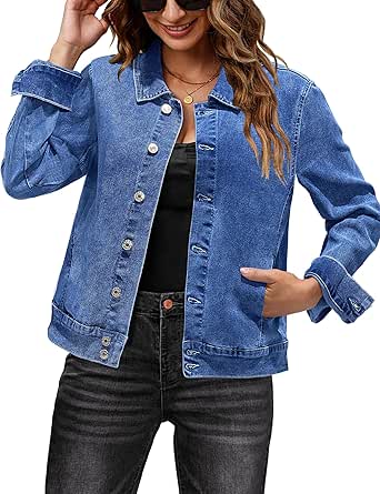 luvamia Jean Jacket Women Fashion Dressy Casual Long Sleeve Stretchy Denim Jackets Western Shacket Jacket with Pockets