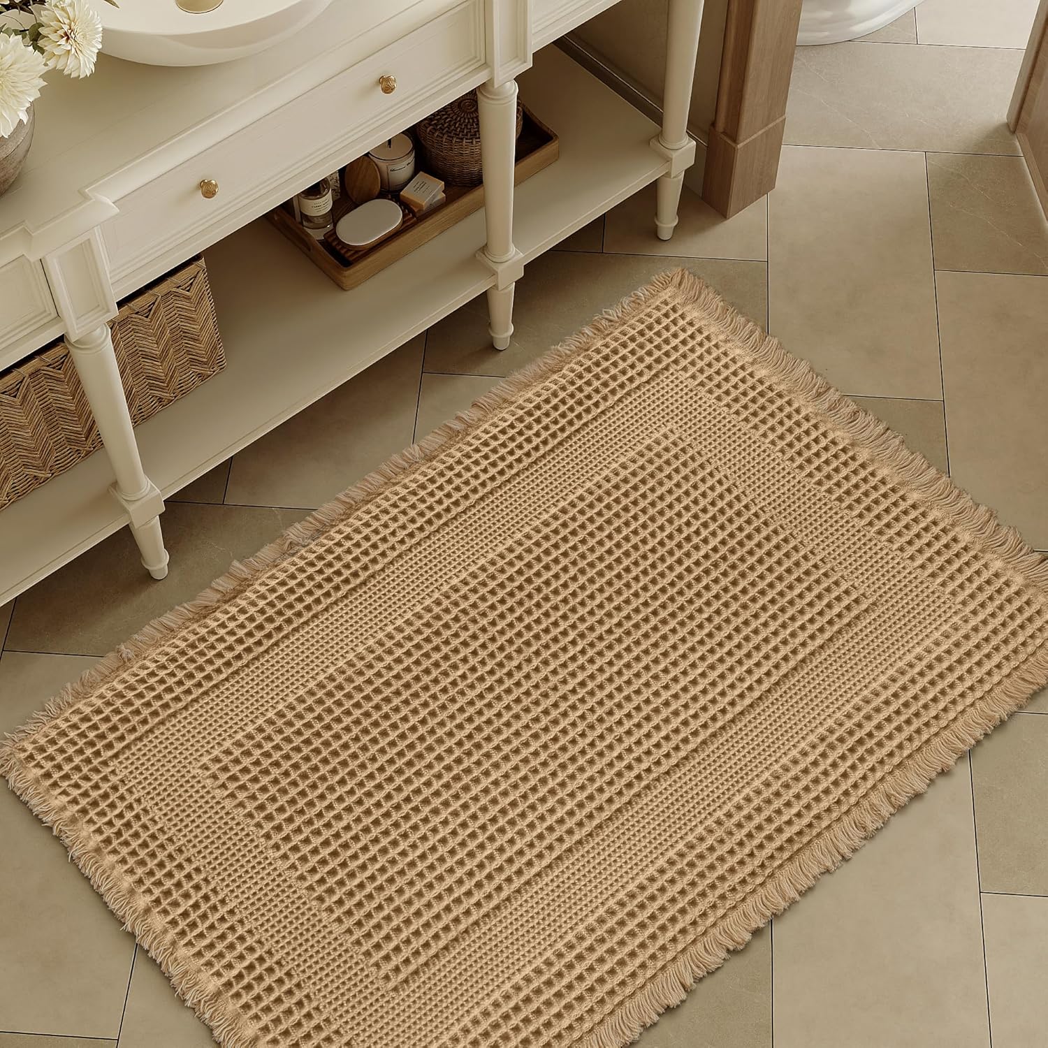 Non Slip Waffle Bath Mat, Super Absorbent Washable Bathroom Rug, Quick Dry Bathroom Floor Mat in Laundry Room, Ultra Soft Doormat Shower Rug with Tassel, Brown, 24"x36"