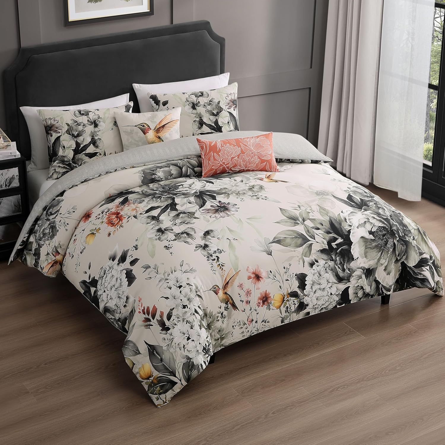 Bebejan Vintage Bloom 5 Piece Comforter Set, 100% Cotton Sateen, 220 Thread Count, Grey Reversible Bedding Comforter Set, 1 Comforter, 2 Shams & 2 Pillows (King/Cal King)