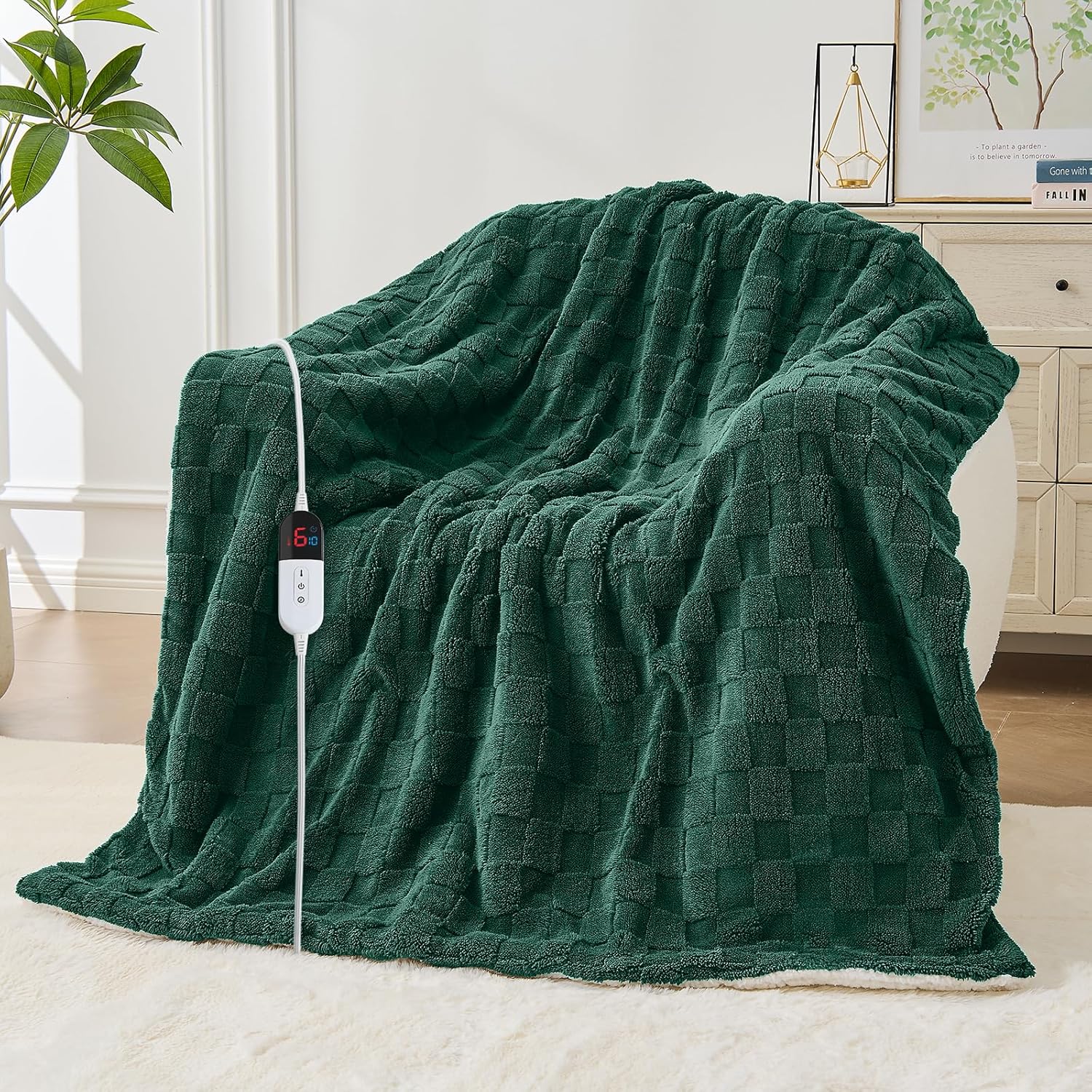 Electric Heated Blanket Full Size - Jacquard Checkered Sherpa 72\"x84\" Fast Heating Bed Blankets with 6 Heating Levels & 10 Hours Auto Off, Over-Heat Protection ETL, Dark Green Dark Green Checkered Full 72\"x84\". NOT TESTED
