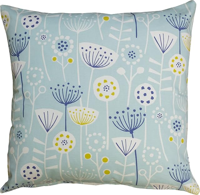 Geometric Scandi Floral Cushion Cover. Contemporary Duck Egg Blue and Mustard Ochre Yellow Abstract Flowers and Leaves. Soft 100% Cotton, 17x17" Square Cover Only.