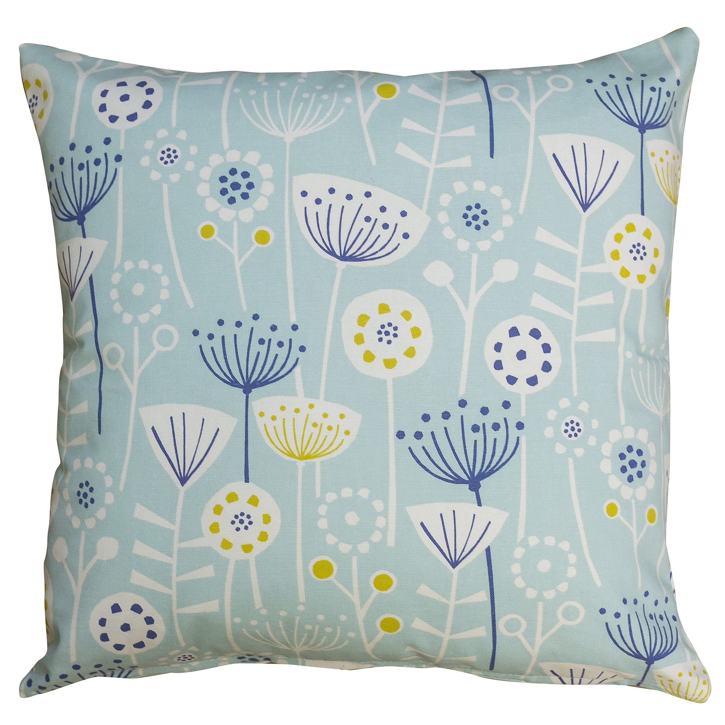 Linen Loft Geometric Scandi Floral Cushion Cover. Contemporary Duck Egg Blue and Mustard Ochre Yellow Abstract Flowers and Leaves. Soft 100% Cotton, 17x17 Square Cover Only.