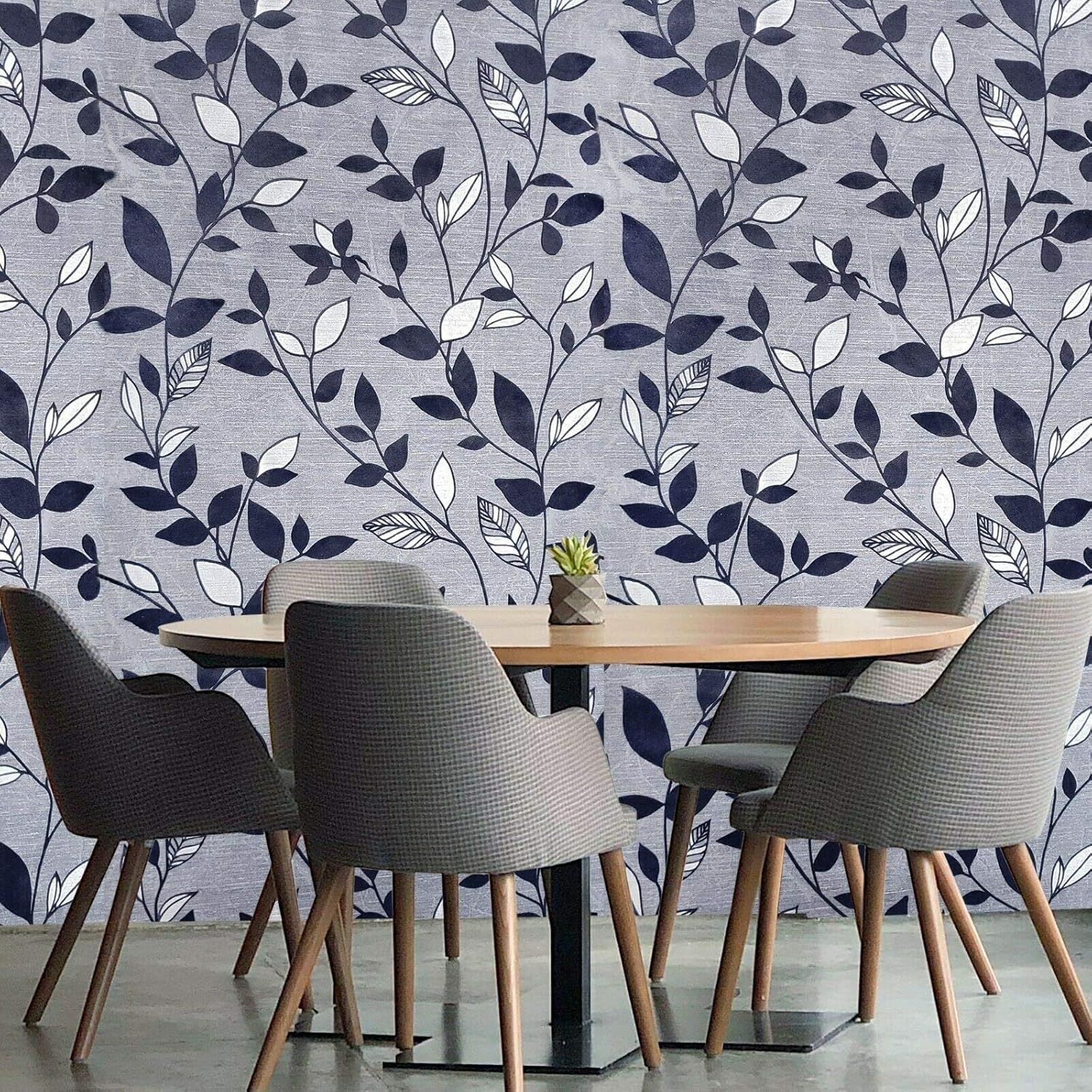 Modern Embossed Flocked Vinyl Wallpaper Navy Blue Charcoal Gray Silver Metallic Flocking Tree Leaves Flock Floral Velvet Textures 3D