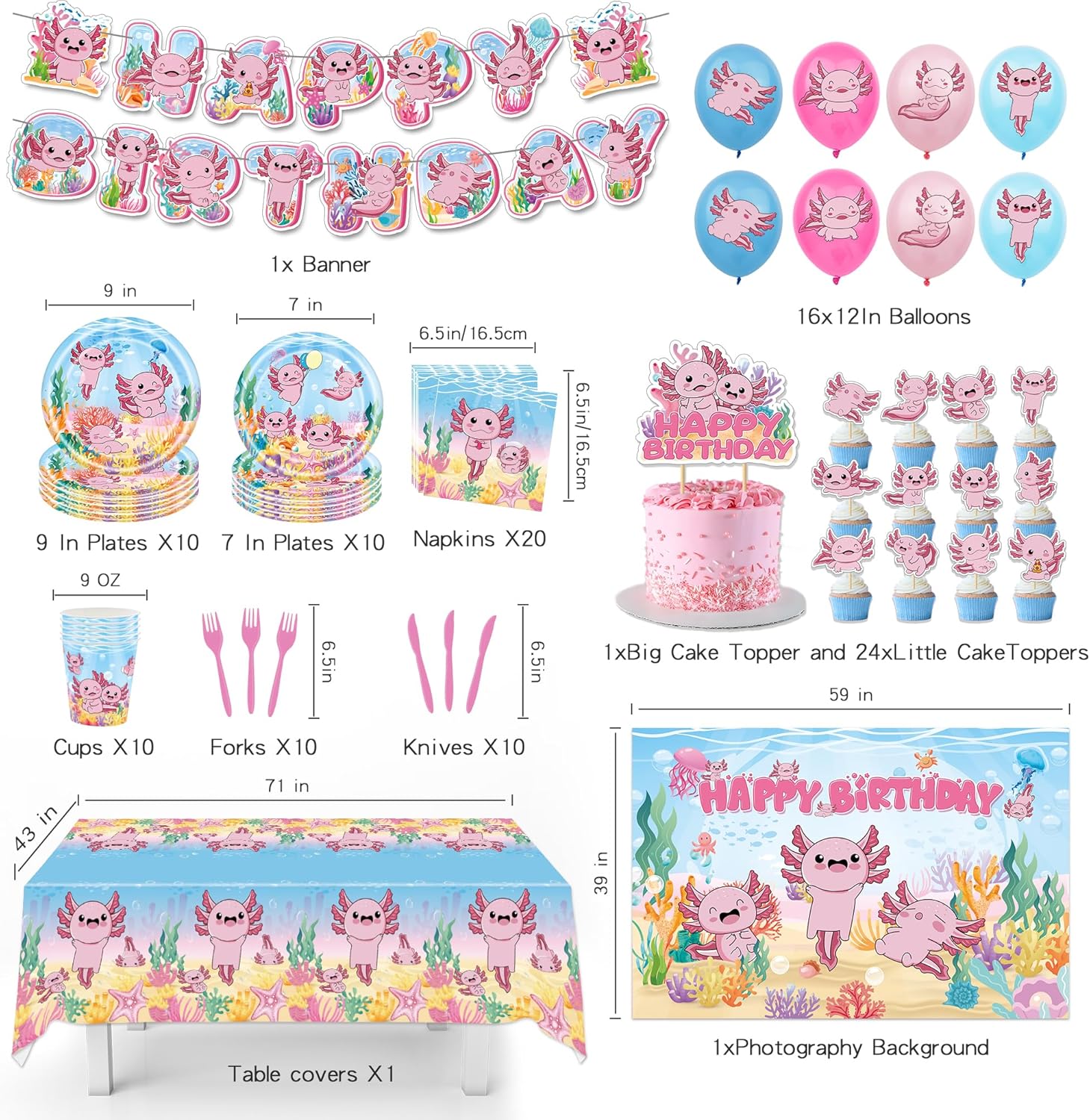 Axolotlのバースデーパーティー用品114点。Happy Birthdayバナー、背景幕、バルーン、ケーキトッパー、カップケーキ