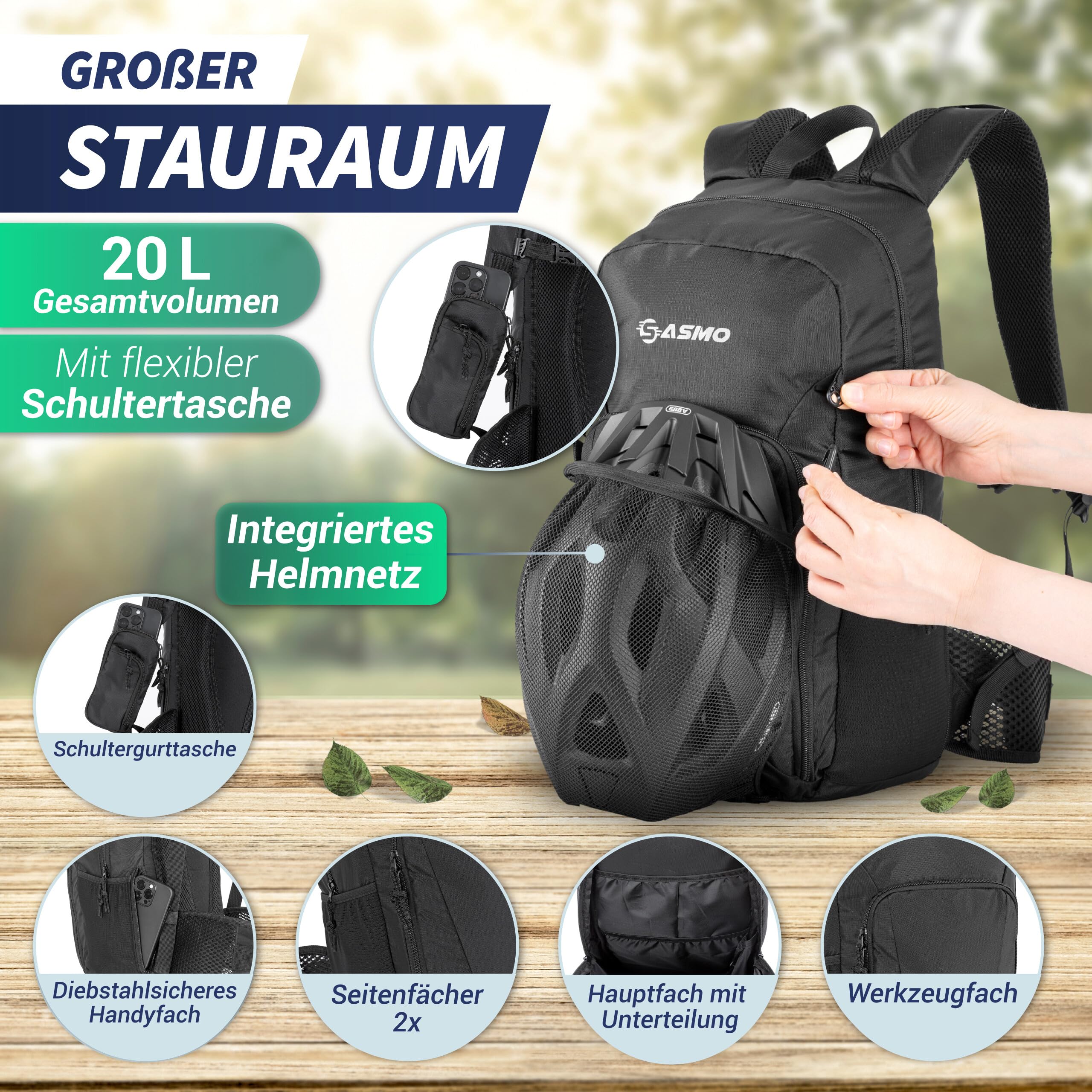 SASMO® Fahrradrucksack 20L / 25L -inkl. Gurttasche, Thermofach, Helmnetz | MTB Rucksack - Ultraleicht | Fahrrad Rucksack wasserdicht - Regenschutz | Trinkrucksack Fahrrad für Tages Trips