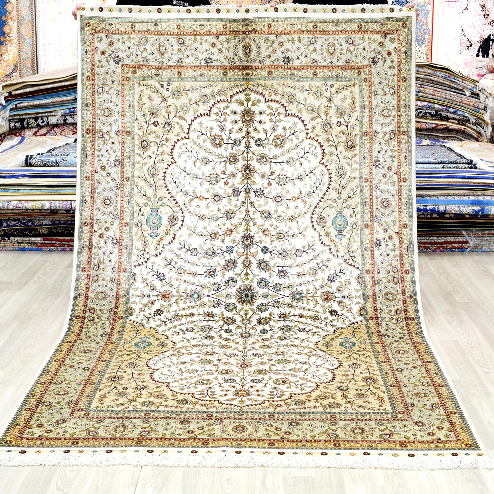 Yuchen Silk Rug 5x8 Beige Handmade Floral Vintage Medallion Luxury Oriental Silk Area Rug for Living Room