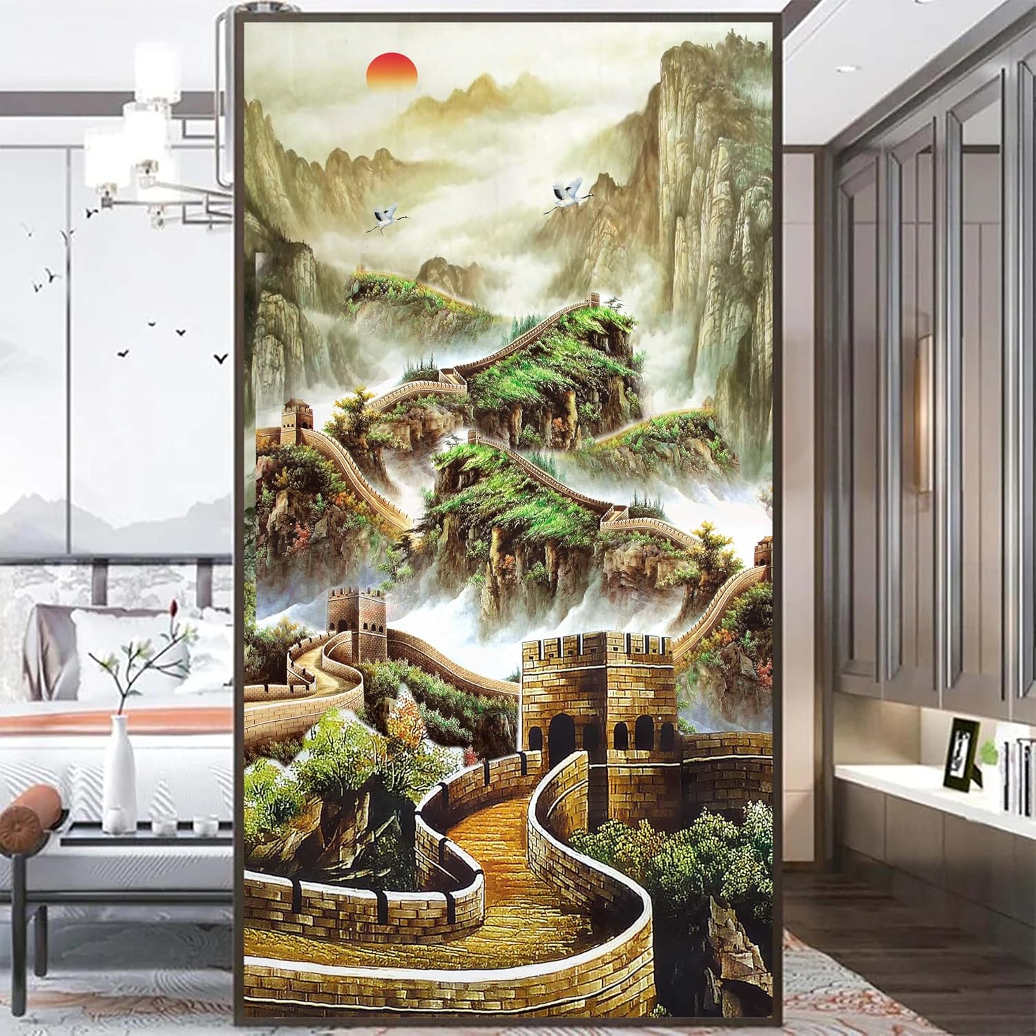Privacy Windows Film 04A Chinese Landscape Painting Stained Glass No Glue Static Cling Decorative Window Stickers 89x180cm(35"" x70.9)