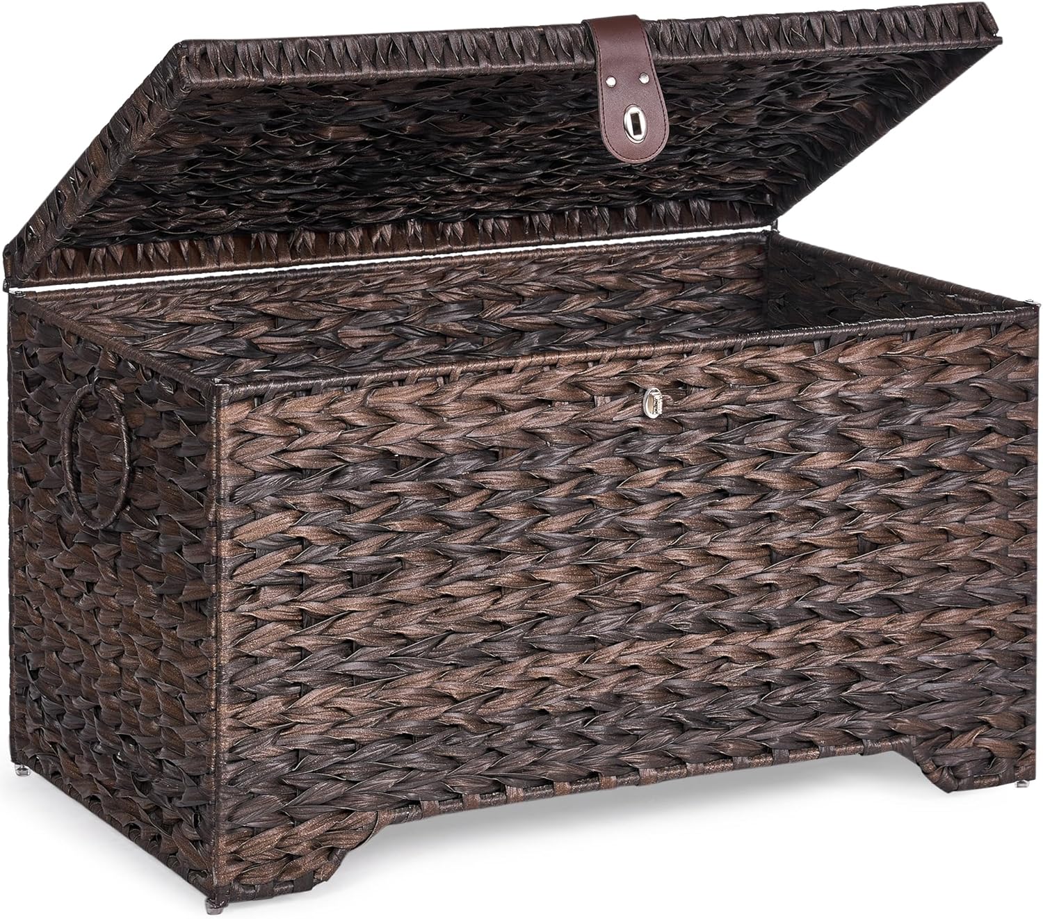 Handwoven Storage Basket with Lid, 165L Plastic Rattan Storage Bin, Leather Buckle & Metal Frame, Large Metal Ring Handles, Storage Trunk for Bedroom, Laundry Room Plastic rattan & flat lid