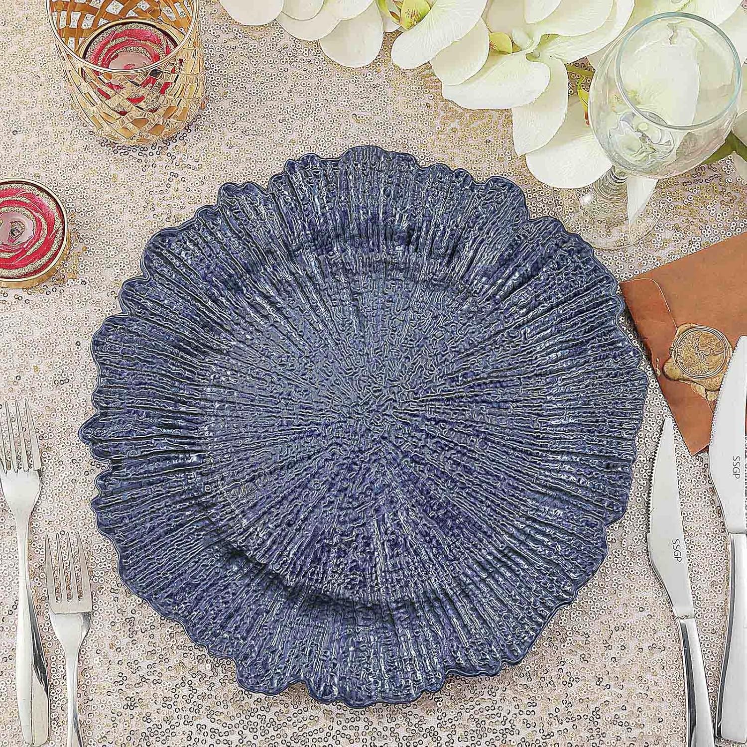 13" Charger Plates - Set of 12 - Acrylic Navy Blue Round Reef Disposable Chargers, Ideal for Dinner Party Wedding Holiday Bulk Events