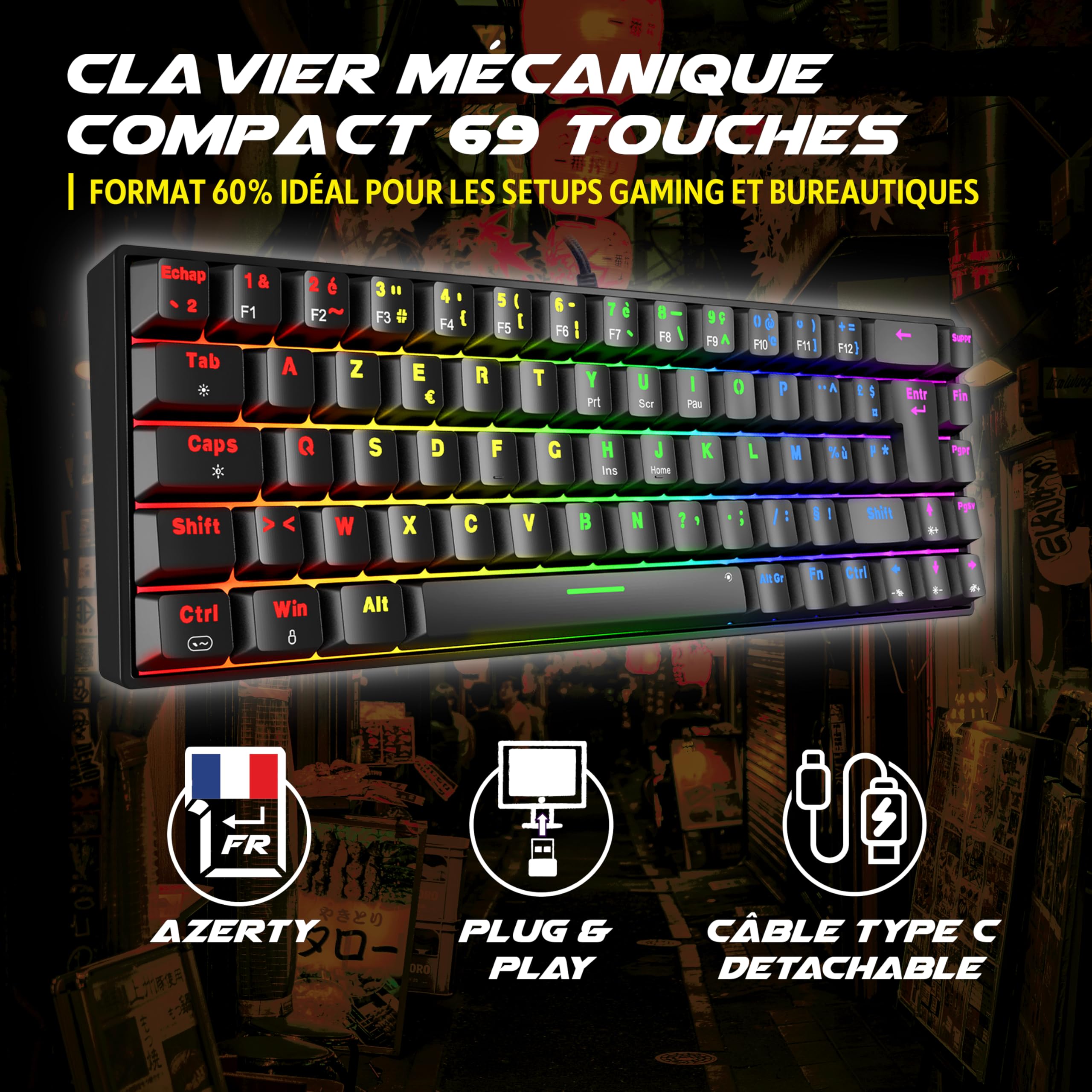 Akuma Meka T01 – Clavier mécanique Gaming 69 Touches – Switchs