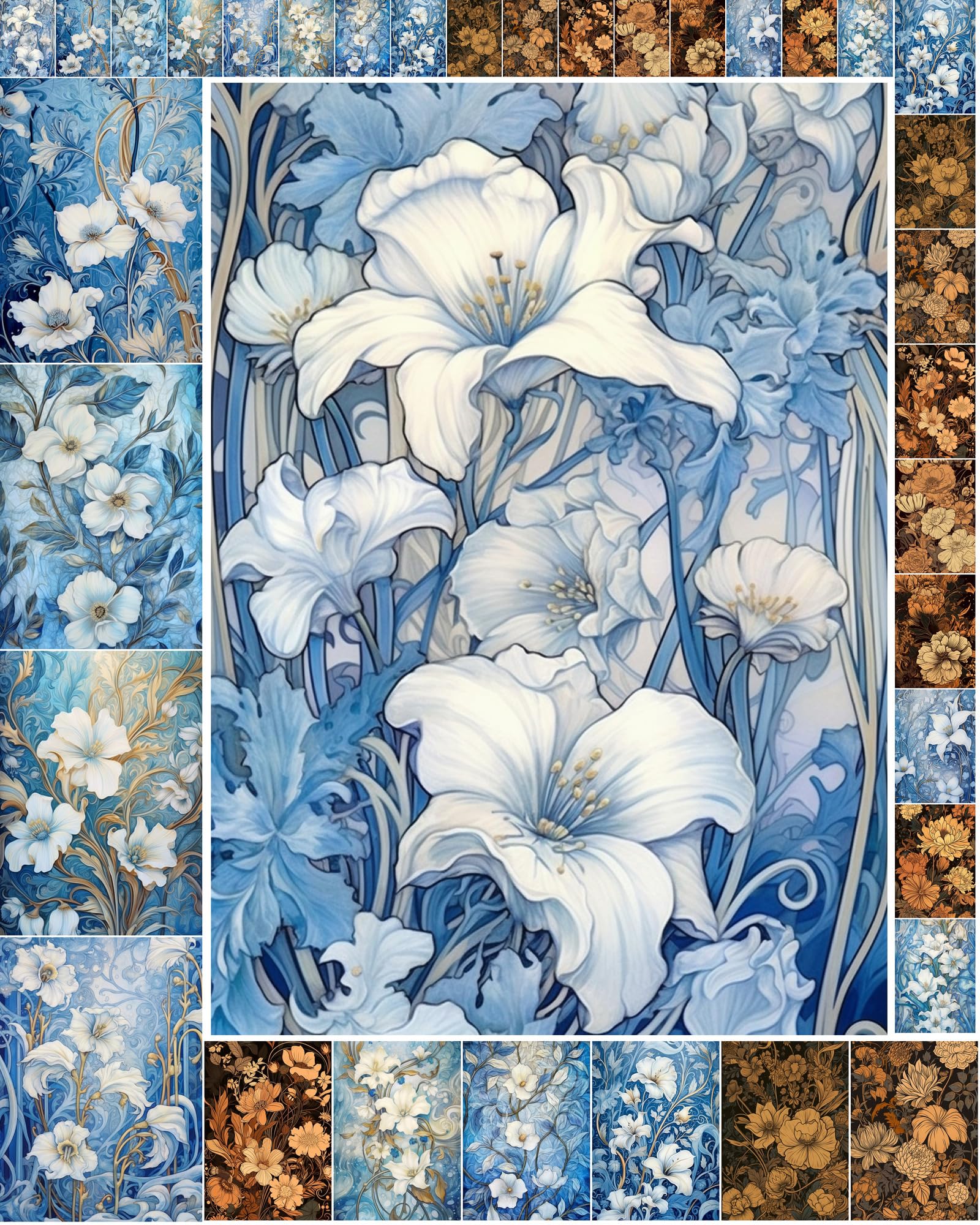 Papier de découpage illustrations bleues et oranges de jolies fleurs Flonz vintage x35