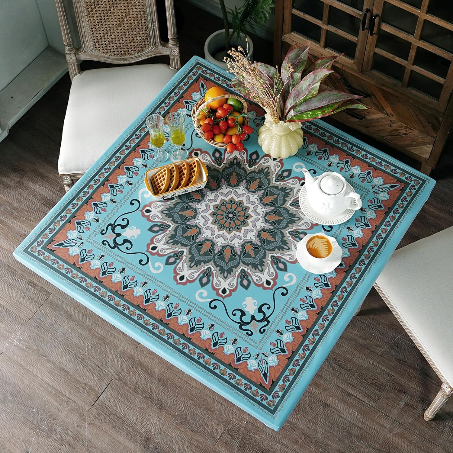 Boho Square Fitted Tablecloth with Elastic Waterproof Oli Proof Table Cover Printed Wipeable Vinyl Table Protector for Kitchen Picnic Camping Outdoor (Turquoise, 36 x 36 Inches)