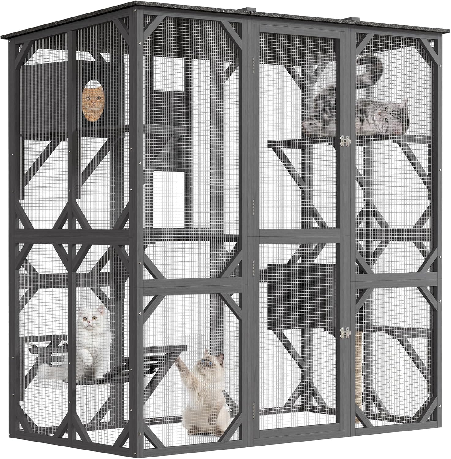 GarveeLife 70in Extra Large Walk-in Catio with Window Access, Outdoor Waterproof Roof Cat Enclosure for Multiple Cats, Cattery with Bridge and Scratching Post Grey
