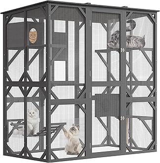 70in Extra Large Walk-in Catio with Window Access, Outdoor Waterproof Roof Cat Enclosure for Multiple Cats, Cattery with Bridge and Scratching Post Grey