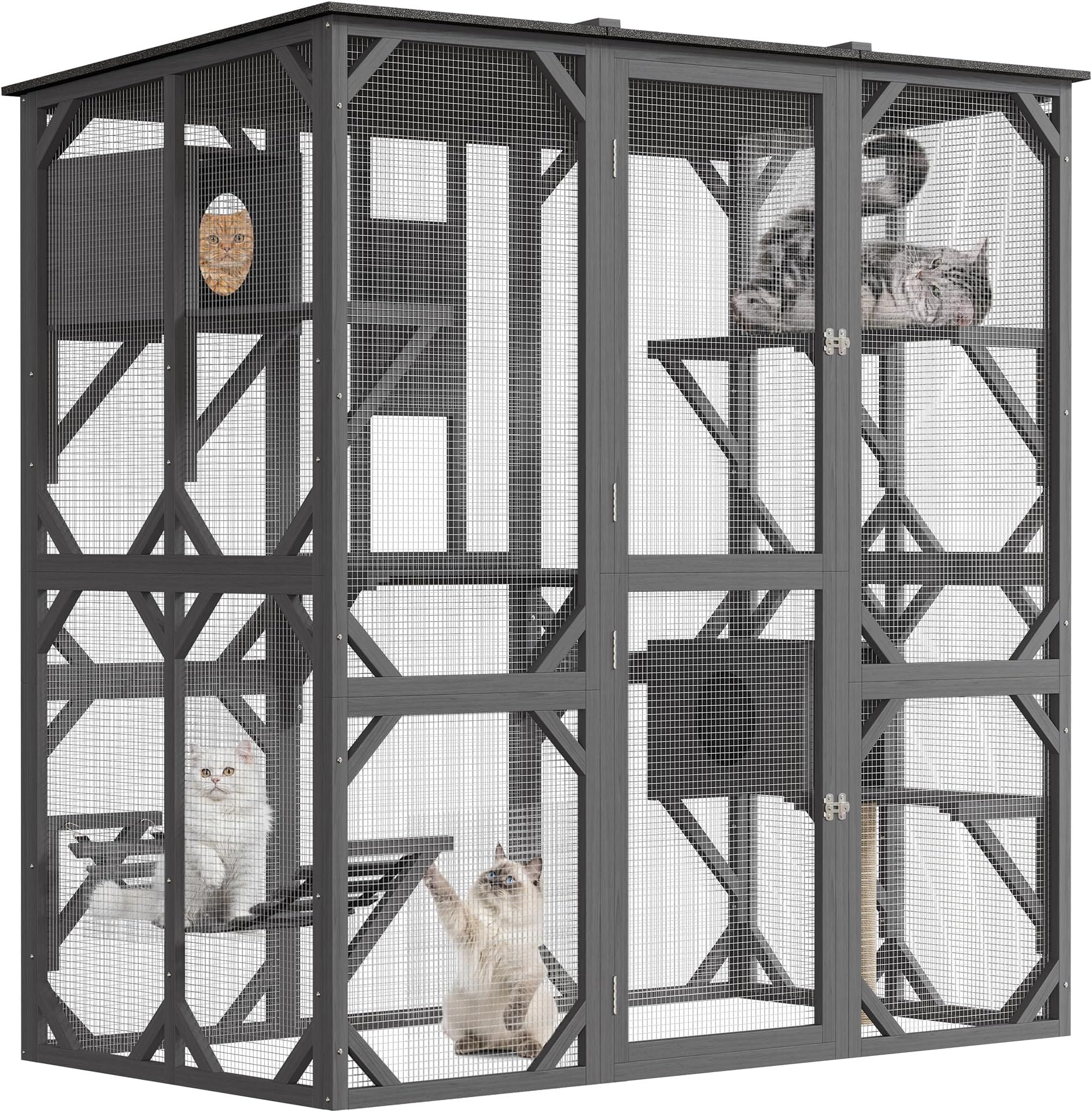 GarveeLife 70in Extra Large Walk-in Catio with Window Access, Outdoor Waterproof Roof Cat Enclosure for Multiple Cats, Cattery with Bridge and Scratching Post Grey