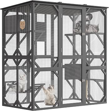 GarveeLife 70in Extra Large Walk-in Catio with Window Access Outdoor | Cat Enclosure Waterproof Roof, Cat Patio for Multiple Cats, Cattery with Bridge and Scratching Post Grey