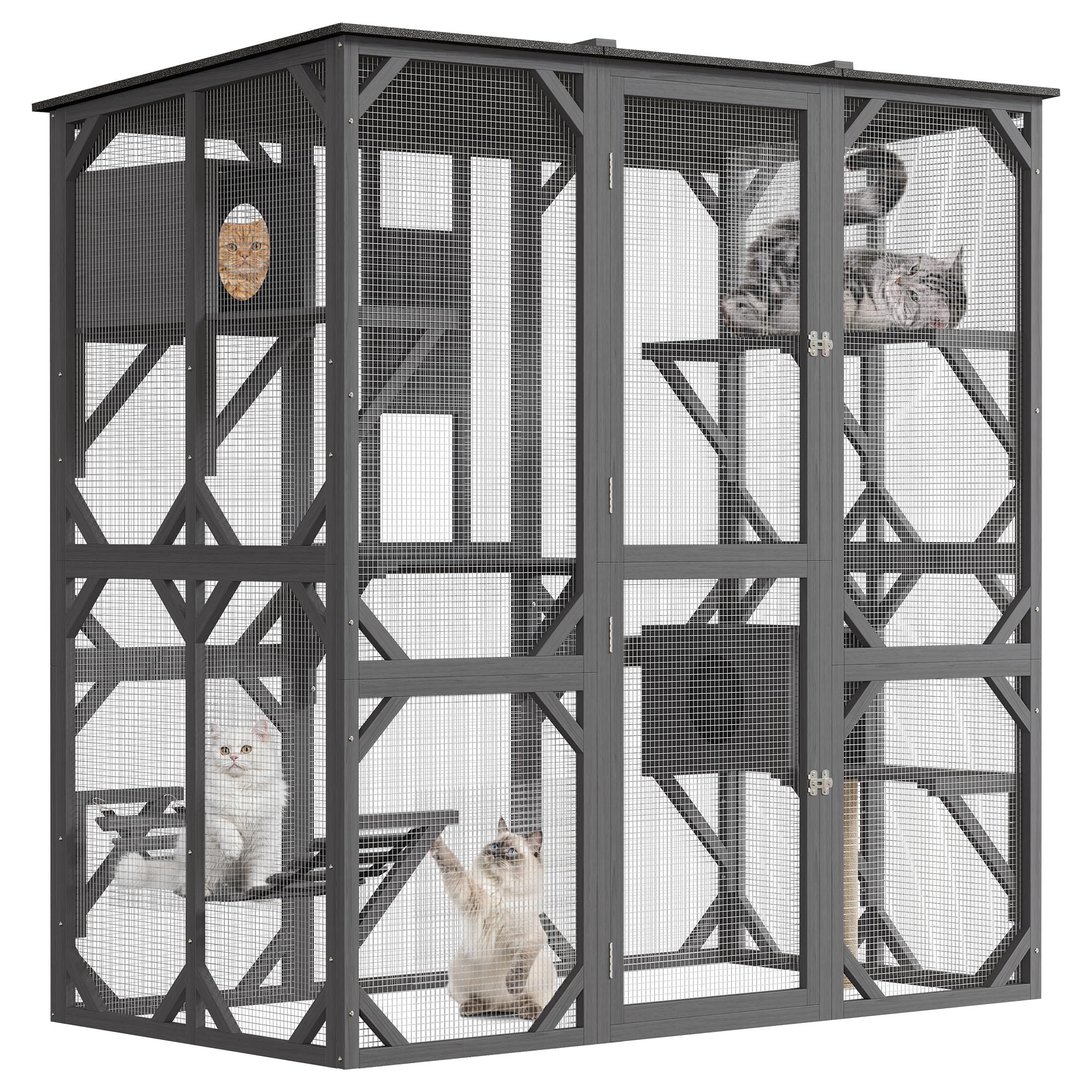 70in Extra Large Walk-in Catio with Window Access, Outdoor Waterproof Roof Cat Enclosure for Multiple Cats, Cattery with Bridge and Scratching Post Grey