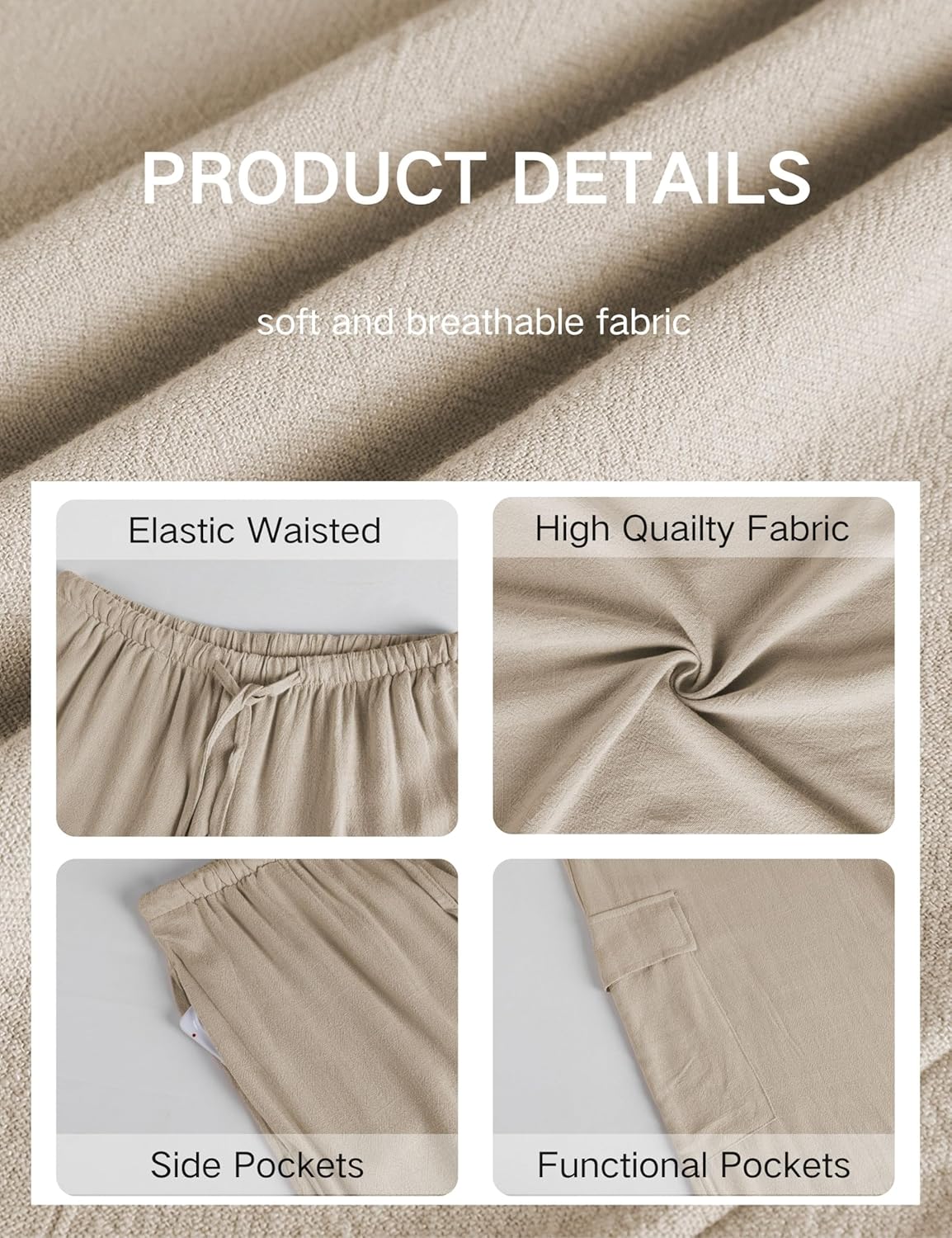 Xiaoxuemeng Womens Cotton Linen Wide Leg Pants Summer Elastic Waisted Beach Pants with Pockets - Image 4