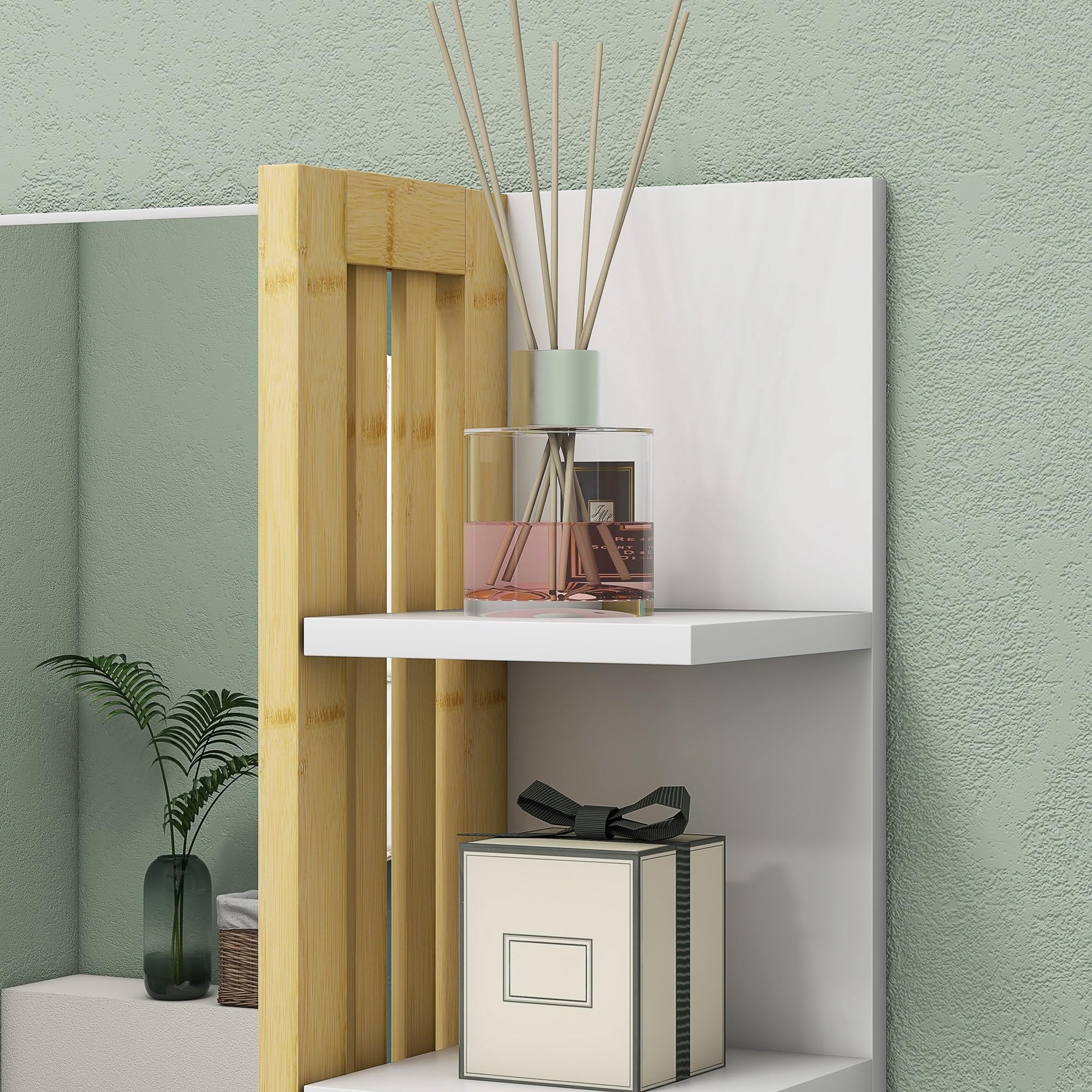 HOMCOM Miroir Mural de Salle de Bain avec étagères de Rangement - 3 étagères latérales + 1 étagère inférieure - Bois de Bambou Blanc