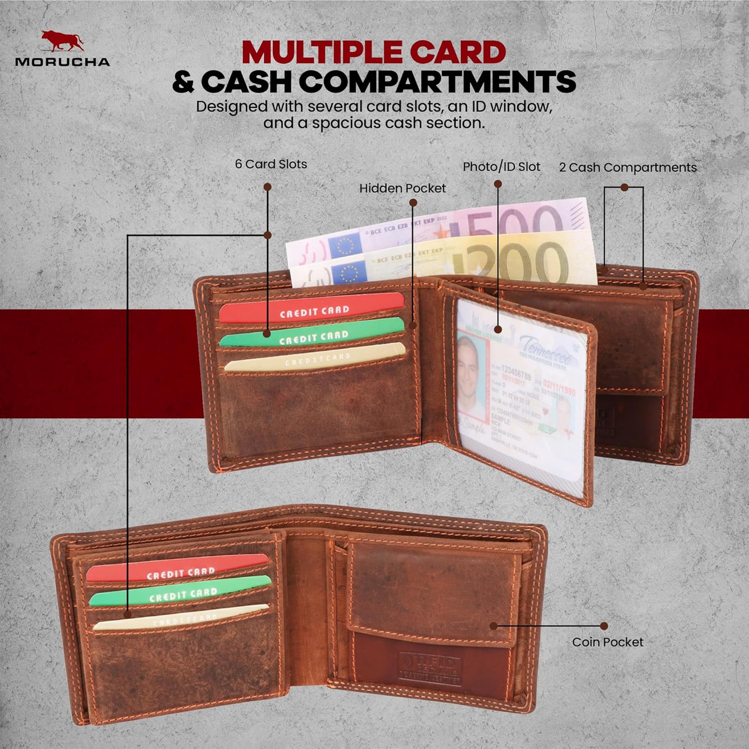 MORUCHA Dark Brown Mens Wallet | Genuine Distressed Leather RFID Blocking | High Capacity Stylish Wallet Purse With Zipped Pocket | Designed For Up To 6 Cards, Coins And Cash | Gift Boxed | M-20