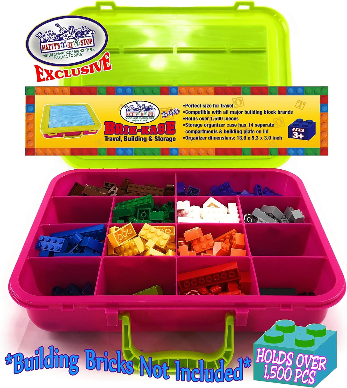 Matty's Toy Stop Brik-Kase 2-GO 13" Travel, Building, Storage & Organizer Container Case with Building Plate Lid (Holds Approx 1,500pcs) - Compatible with All Major Brands (Pink, Lime & Aqua) image 2 of 5 B07XVNWR76