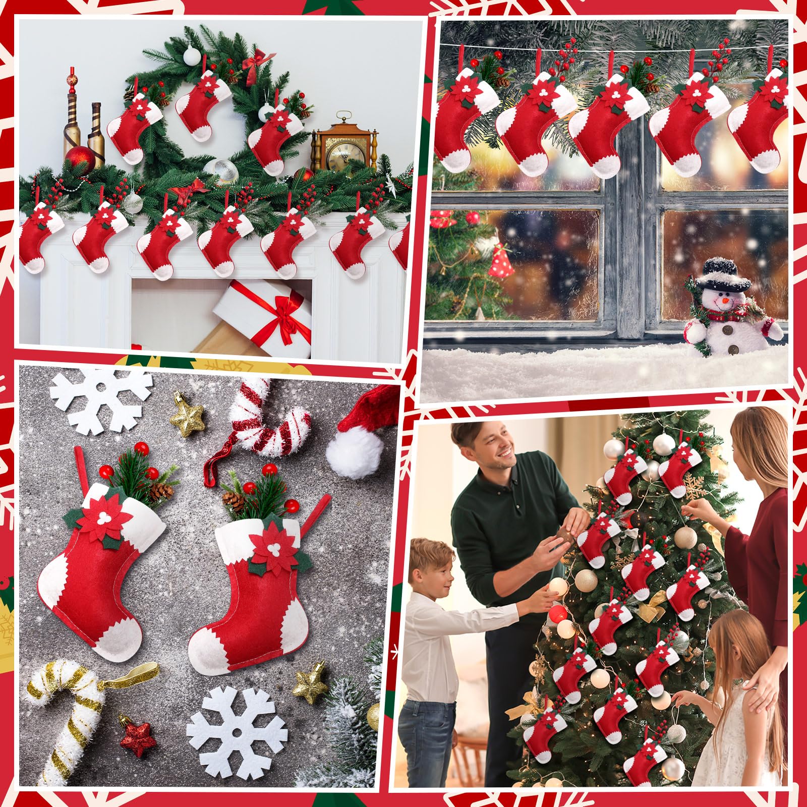 Geyoga Lot de 48 mini chaussettes de Noël en forme de poinsettia à suspendre pour cheminée, sapin de Noël rouge et blanc - 12,7 cm