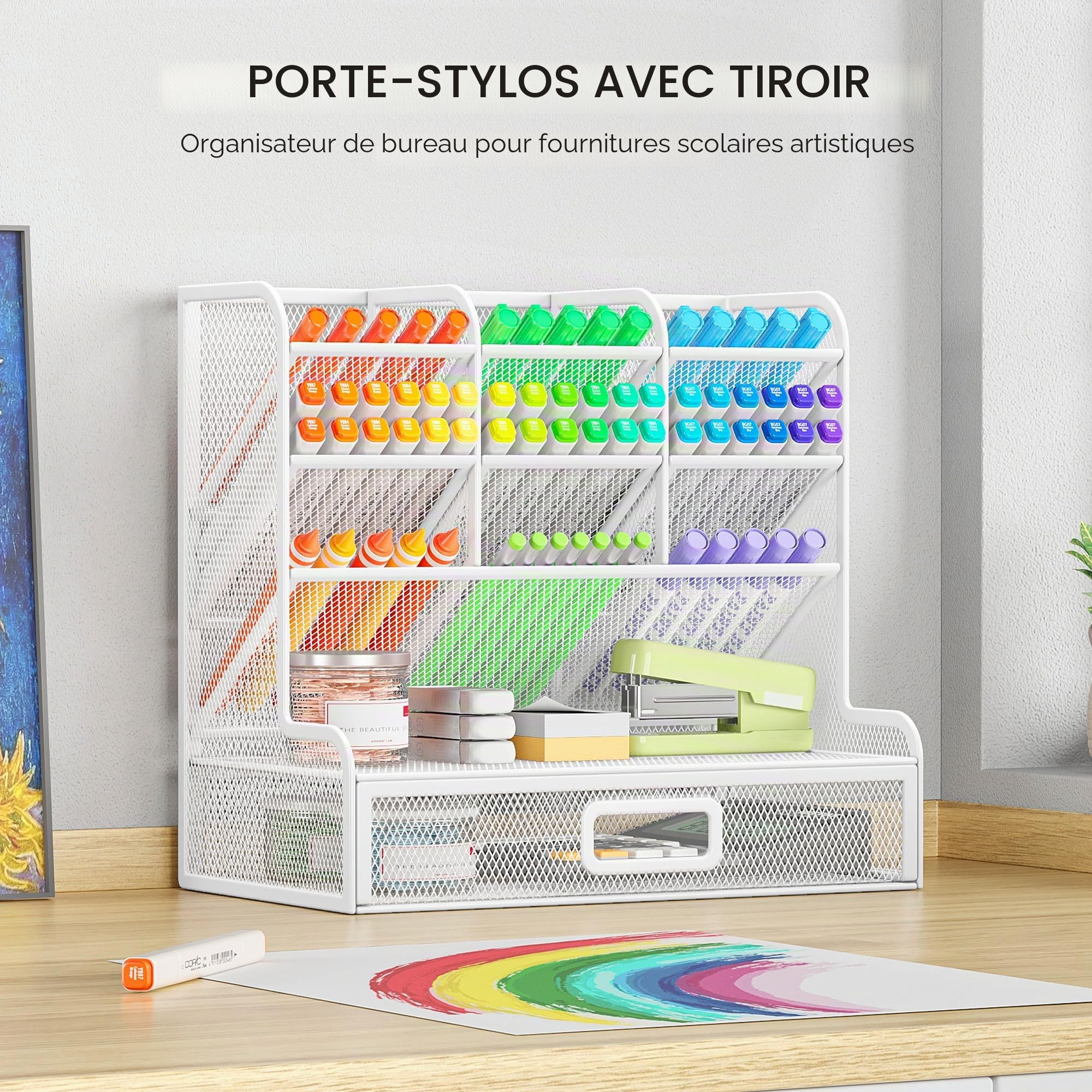 VITVITI Organiseur de Bureau à 4 Niveaux avec Tiroir, 10 Compartiments Porte-stylos pour le Rangement du Bureau - Blanc