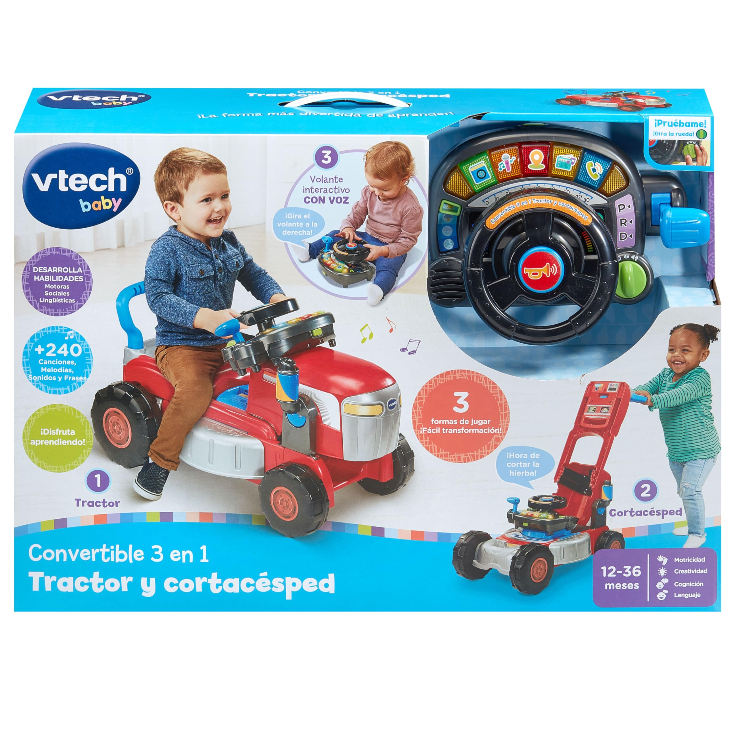 VTech-Baby Convertible 3 en 1 Tractor y Cortacésped, Juguete Niños +1 Año, Correpasillos y Andador con Volante Interactivo, Canciones, Melodías y Juegos de rol, Versión ESP