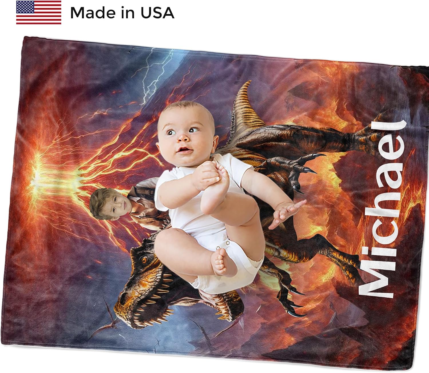 Personalized Dinosaur Blanket for Kids, Custom Photo Face Blanket Gift for Boys and Girls, Toddler Nursery Décor (Dino TM66)
