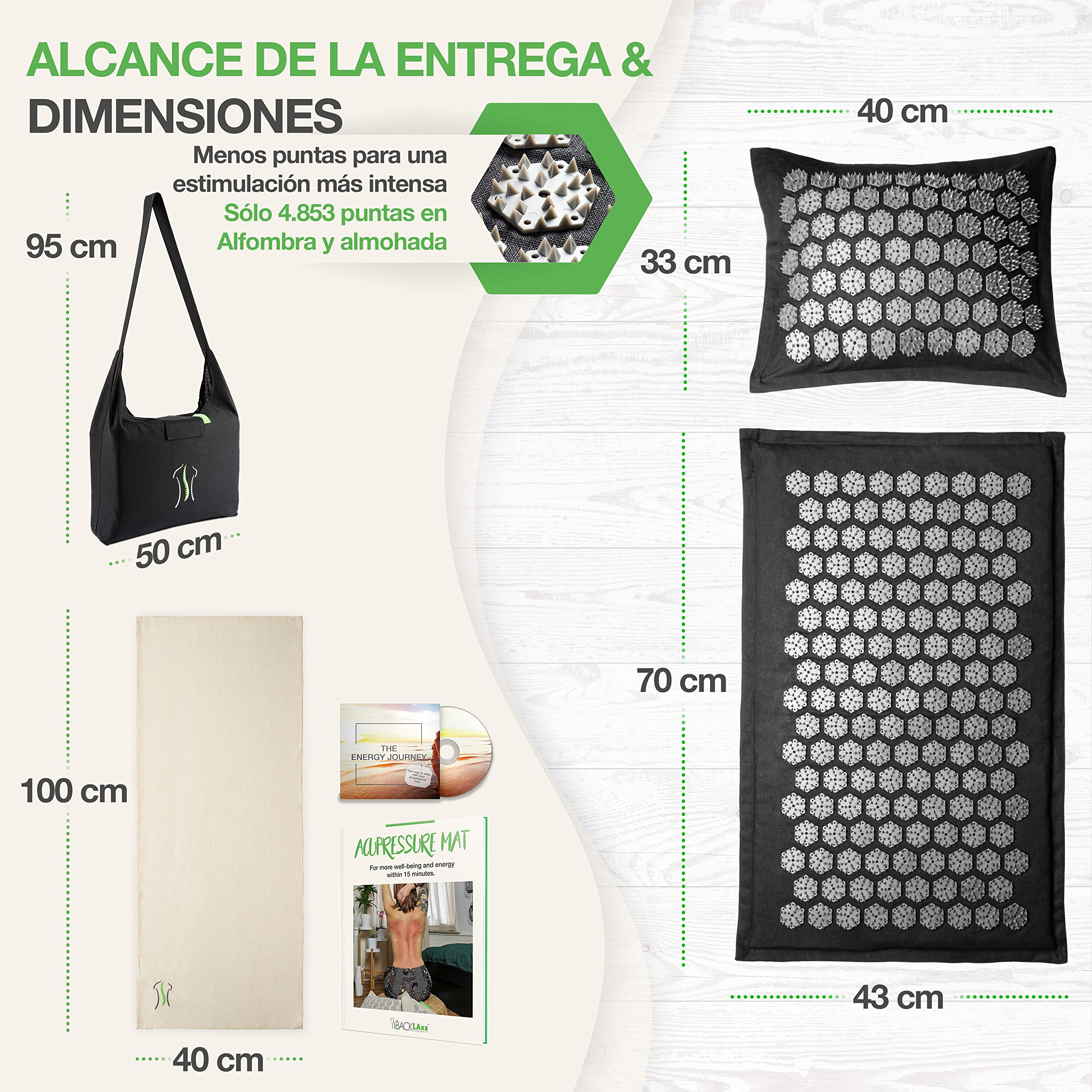 BACKLAXX® Esterilla de Acupresión Intensiva con Almohada, para Expertos