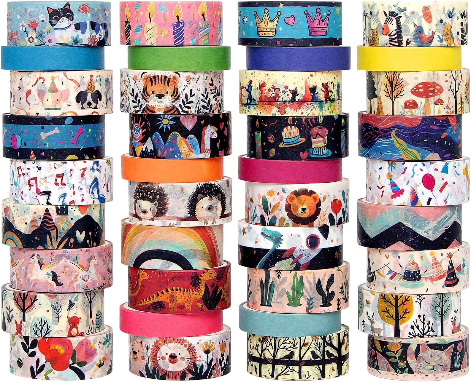 Washi Tape Set 39 Rolls - Cute Animal Colored Decorative Adhesive Tape for Kids, Masking Tape for Scrapbooking Supplies, DIY Crafts, Gift Wrapping, Junk Journal, Planners, School Supplies