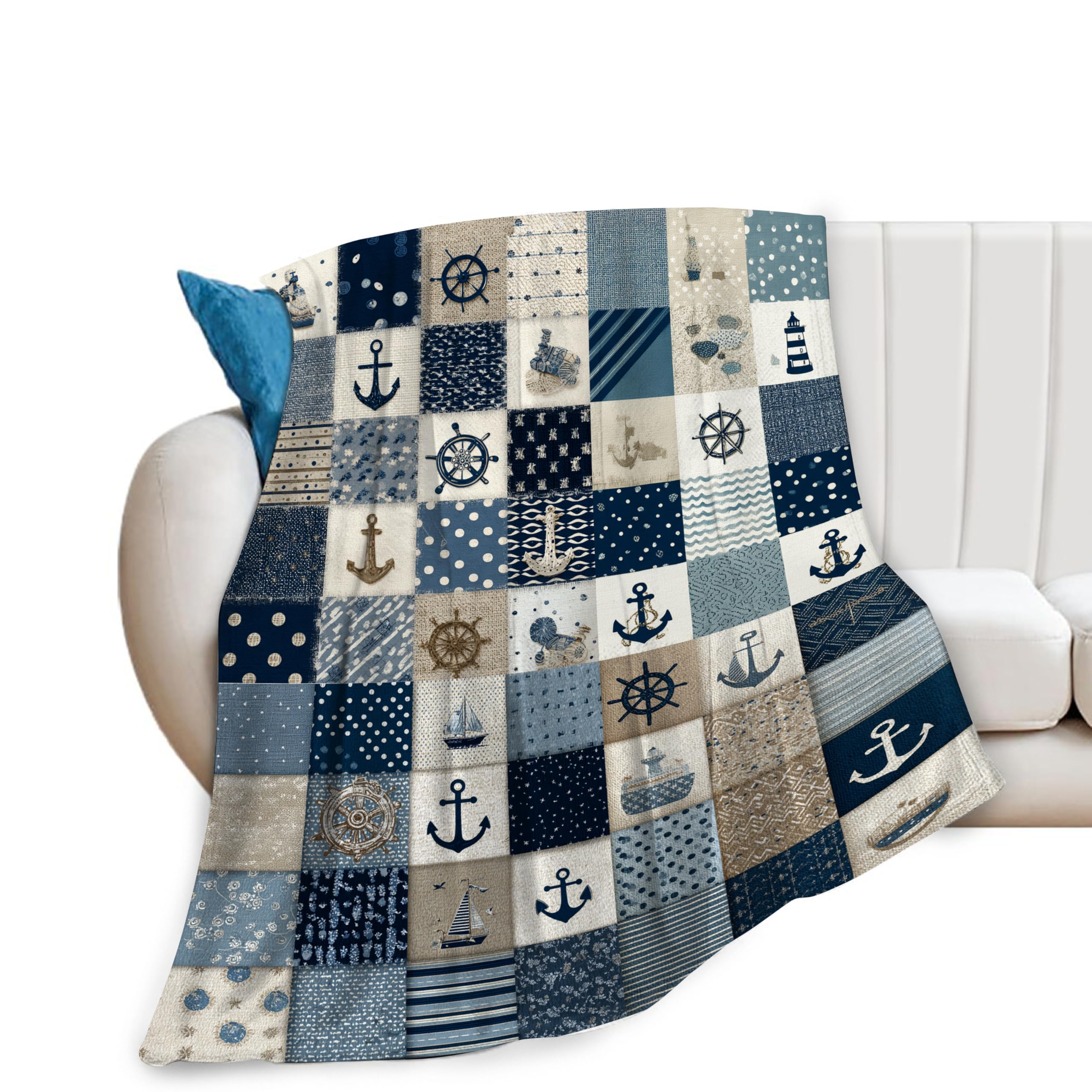 Crekviy Girls Nautical Blanket Ocean Sea Throw Blanket Sailboat Anchor Soft Cozy Fleece Fuzzy Stuffed Plush Flannel Gifts For Women Boys Kids Adults 40''X50''