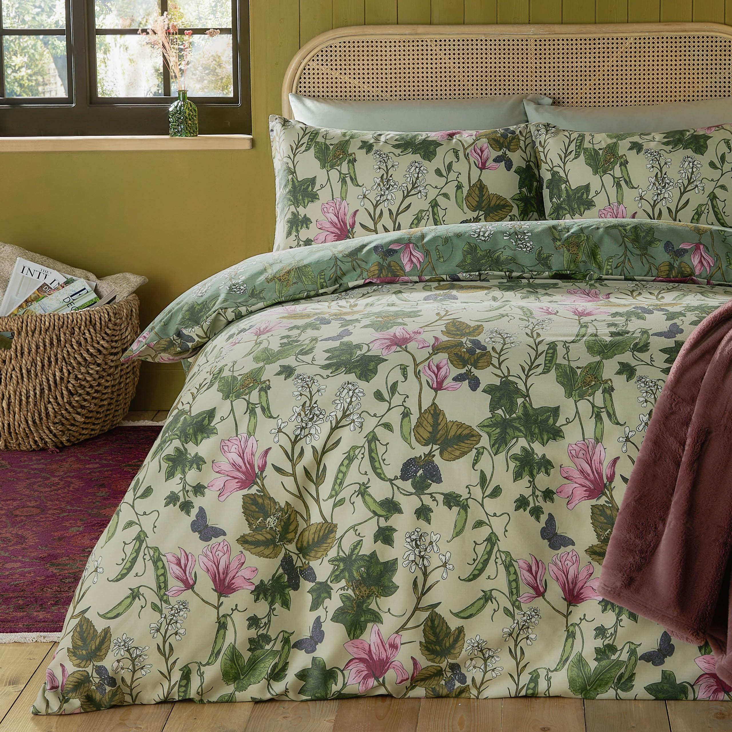 furn. Mystic Berry Set Copripiumino – Reversibile Motivo Floreale Botanico Frutta (Verde – Singolo – 137x200cm)