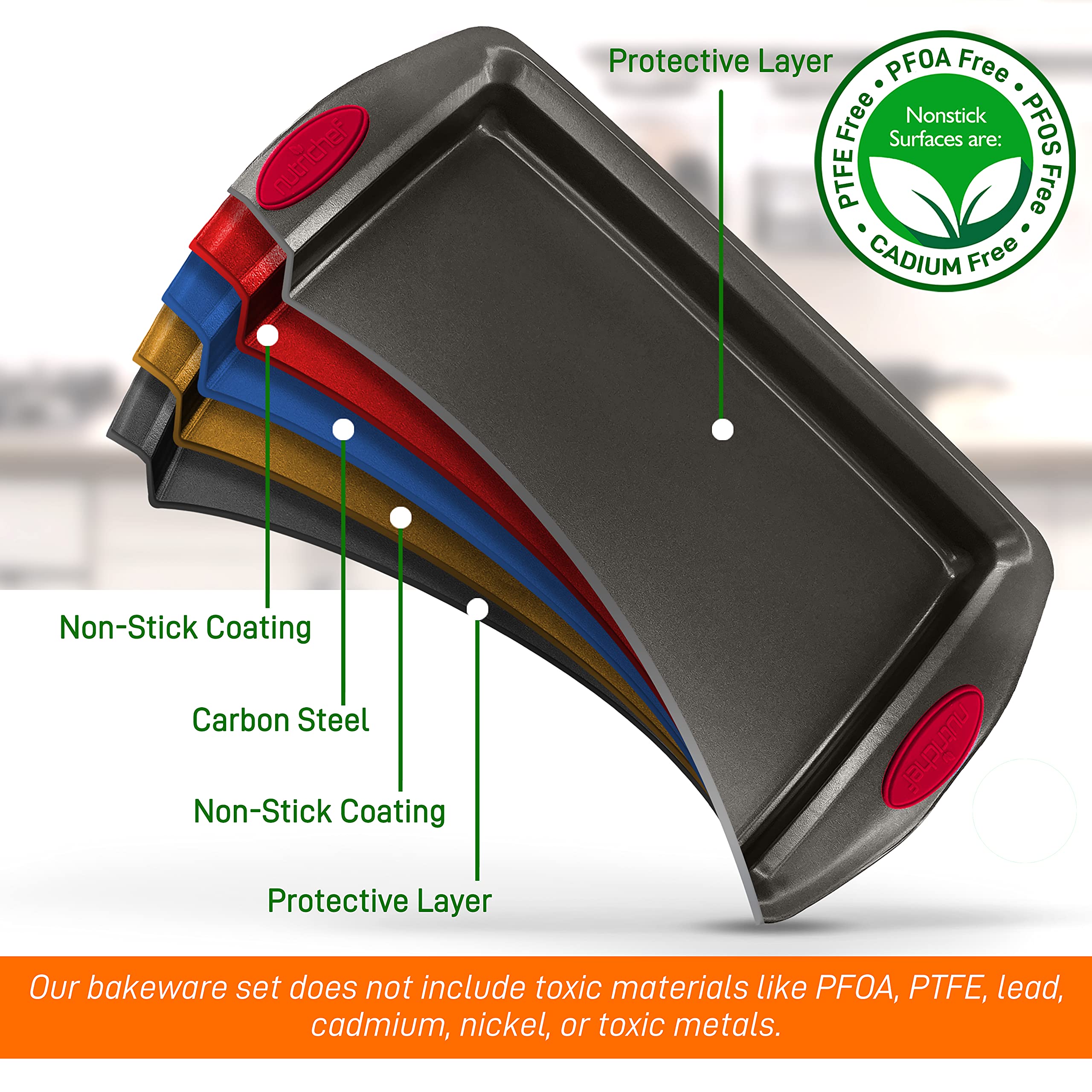 NutriChef Juego de 2 moldes para hornear, sin PFOA, PFOS, PTFE, flexible, antiadherente, revestimiento negro, acero al carbono, bandeja apilable profesional para el hogar, cocina, hornear, bandeja