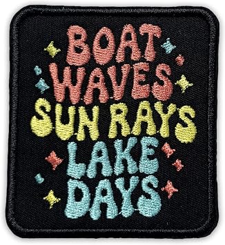 Boat Waves Sun Rays Lake Days Patch 3 Inches Funny Summer Sun Swimming Pool Camping Humor Iron On/Sew On Embroidery Fabric Applique Patches for Trucker Hat Clothes Backpack DIY Accessories Friend Gift