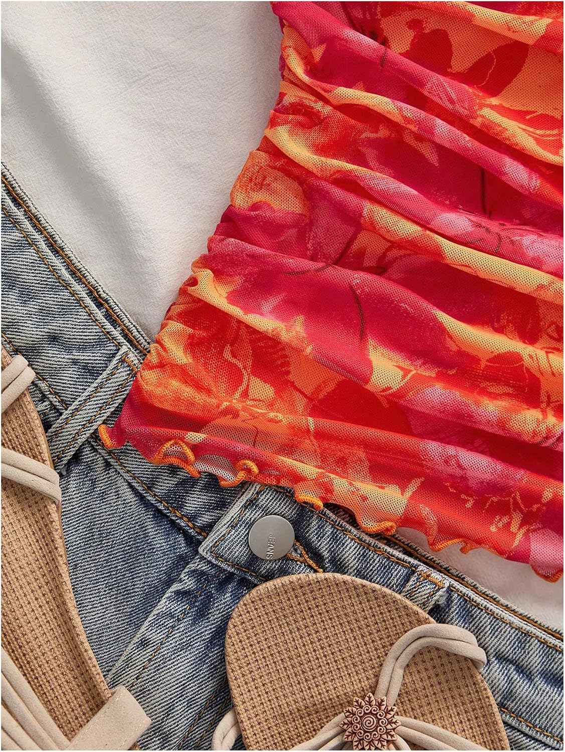 WDIRARA Women's Floral Mesh Tube Top Strapless Ruched Bandeau Summer Vacation Crop Tops - Image 5