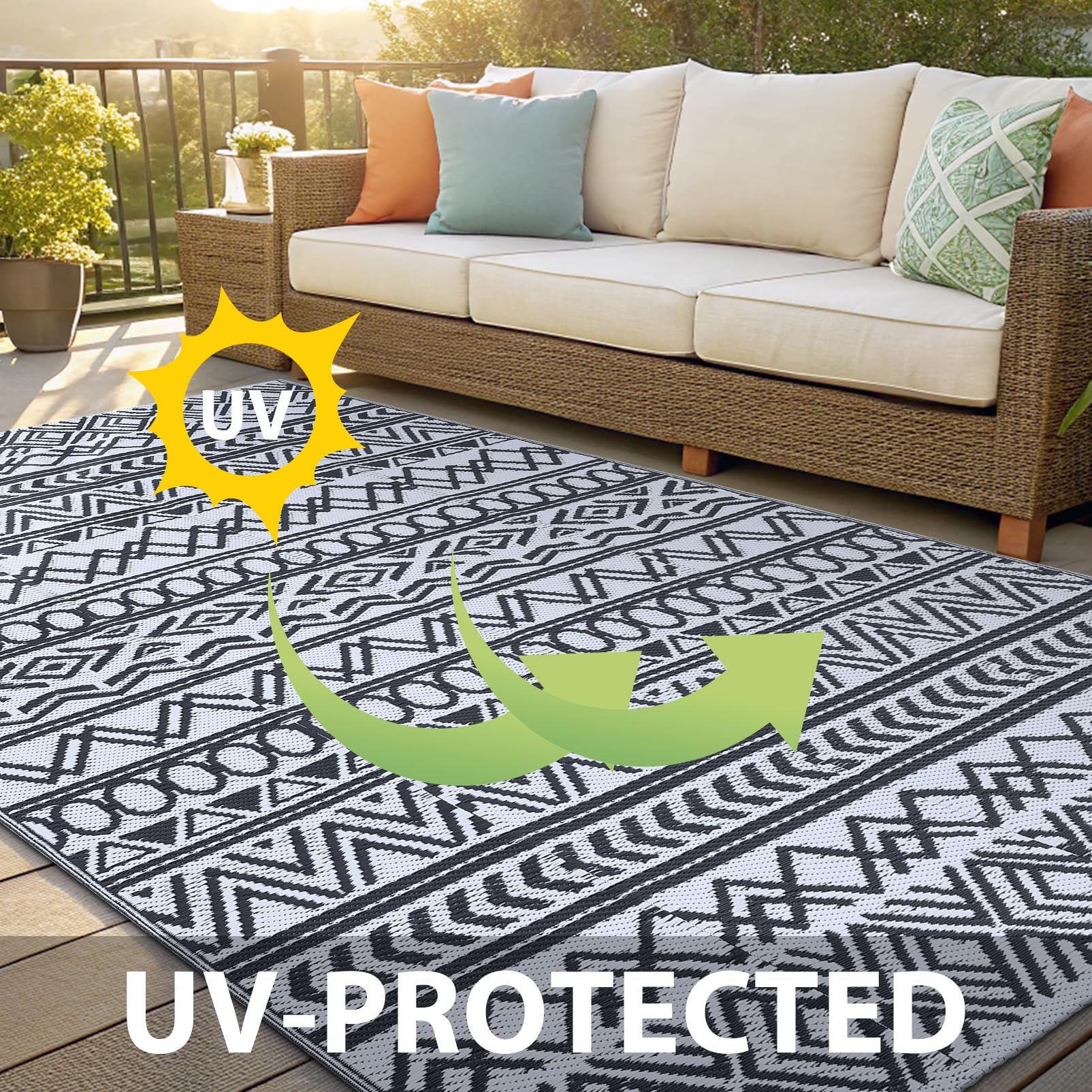 smiry Outdoor Teppich Wetterfest 120 x 180 cm, Modern UV-beständig Geometrisches für Terrasse Balkon Garten Wohnzimmer, Schwarz & Weiß
