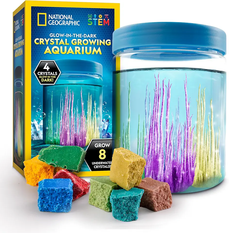 National Geographic Underwater Crystal Growing Aquarium Science Kit – Grow 8 Colorful Crystals Underwater | 360-Degree Secure Viewing Canister