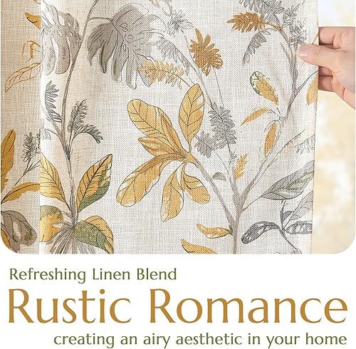 Miniatura 5 de jinchan Cortinas 100% opacas para dormitorio, cortinas de lino de 84 pulgadas de largo, estampado de hojas amarillas tropicales, tratamiento