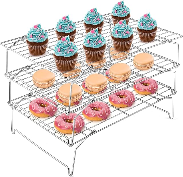 Cooling Rack, Herogo 3-Tier Stainless Steel Wire Rack, Stackable Baking Cooling Roasting Grilling Rack with Collapsible Legs, Great for Biscuits, Cake, Bread, Cookies, 38x26 cm, Oven & Dishwasher Safe