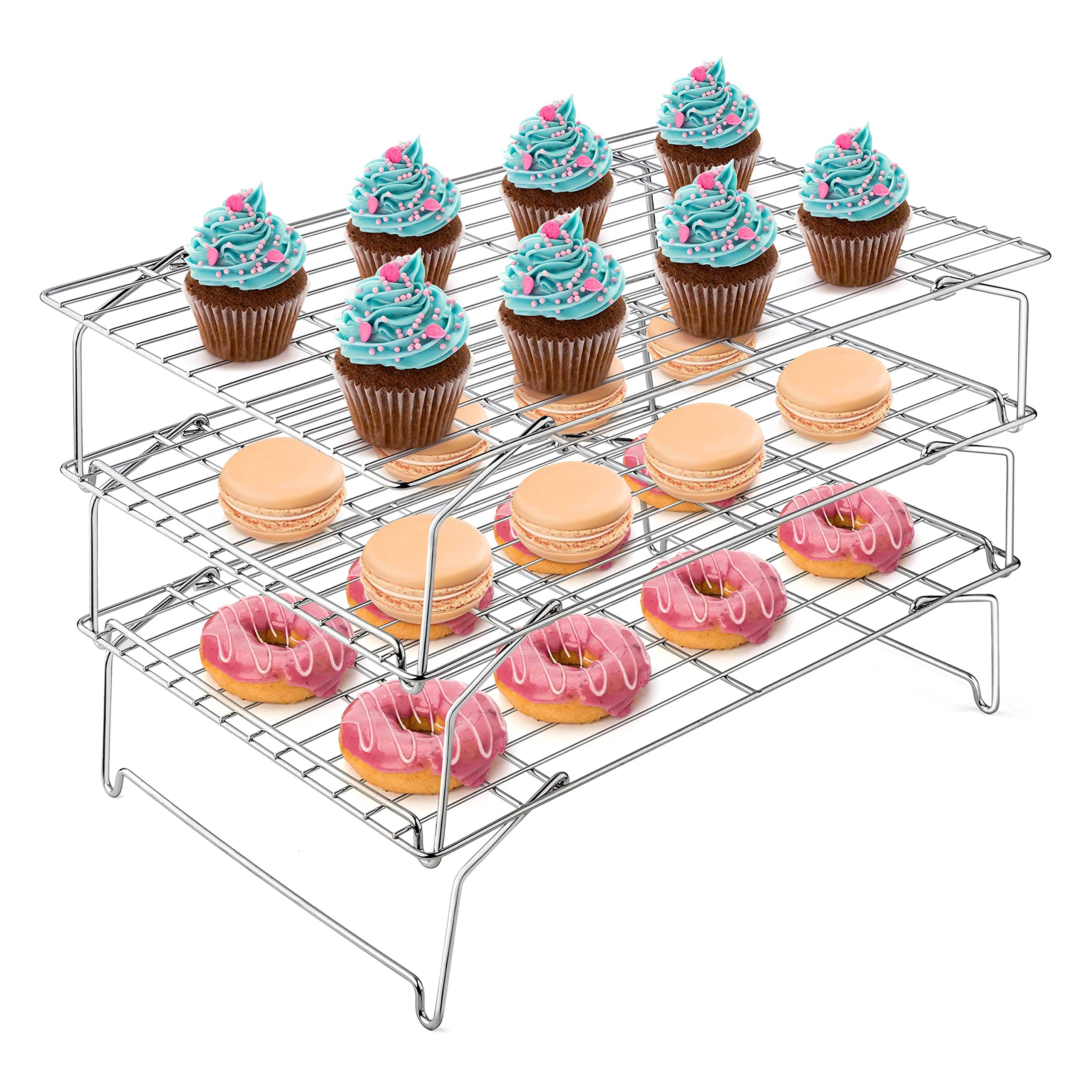 Herogo Cooling Rack, 3-Tier Stainless Steel Stackable Wire Rack with Collapsible Legs for Baking Cooling Roasting Grilling, Great for Biscuits, Cake, Bread, Cookies, 38x26 cm, Oven & Dishwasher Safe