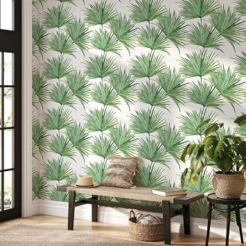 Green Leaves Peel and Stick Wallpaper Vintage Botanical Palm Leaf Self Adhesive Wallpaper Removable Waterproof Contact Paper Renter Friendly for Bedroom Kitchen Wall Decor 17.7in x 9.8ft