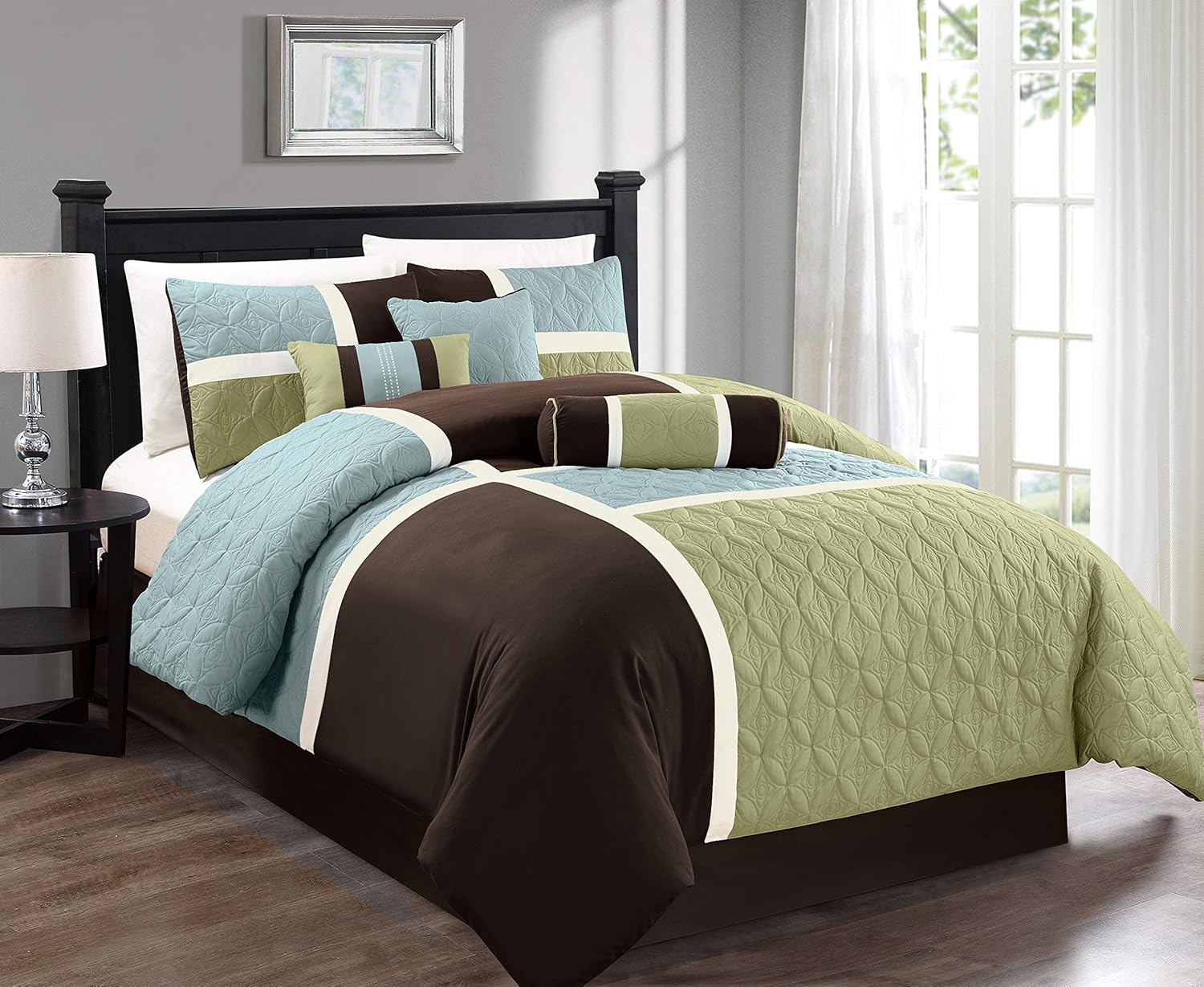 Chezmoi Collection 7-Piece Quilted Patchwork Comforter Set, Coffee Brown/Aqua Blue/Sage Green, Queen - Image 6