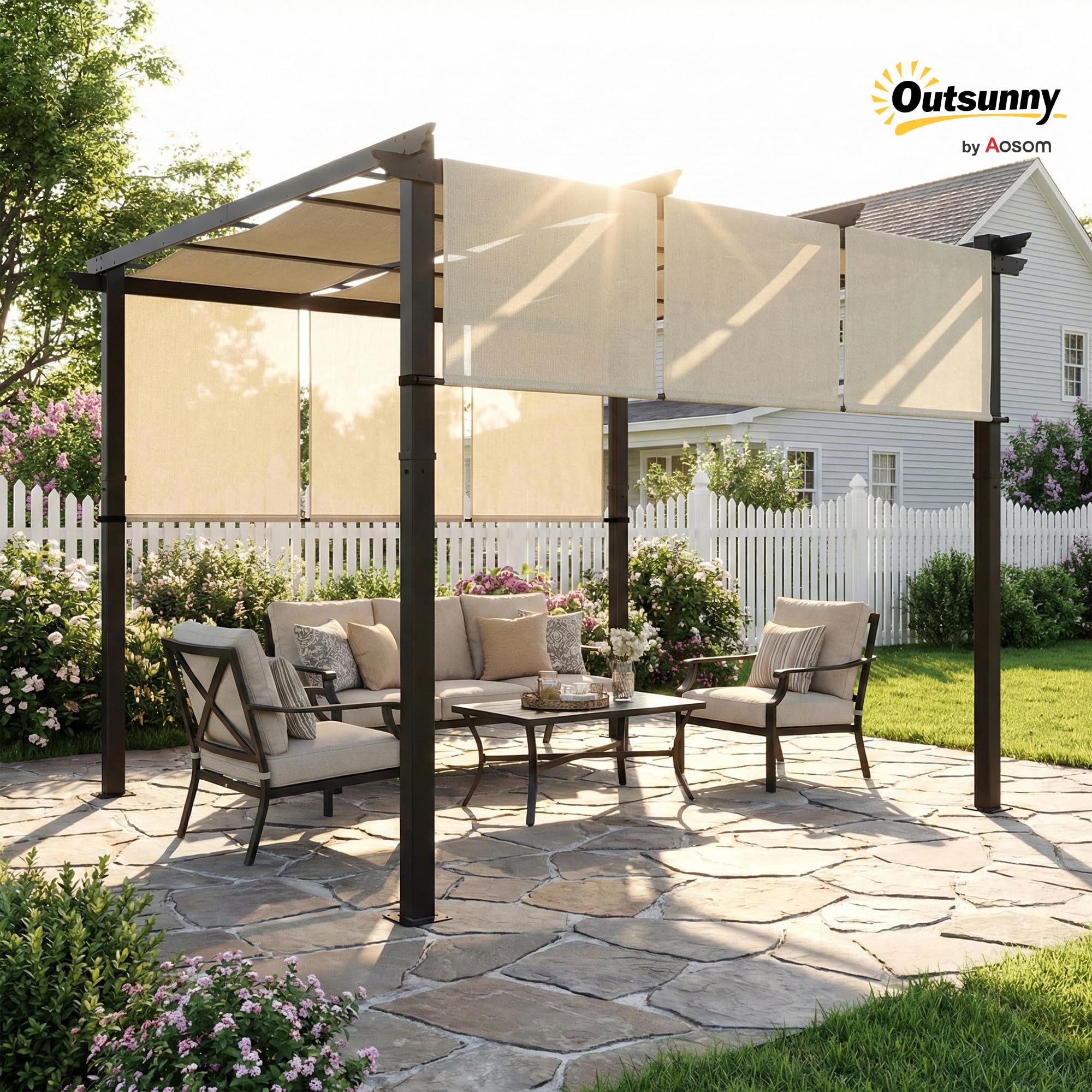 Outsunny Pergola avec 3 Toiles Coulissantes 3 x 3 x 2,38 m, Structure Acier Noir, Toile Polyester Haute Densité Beige
