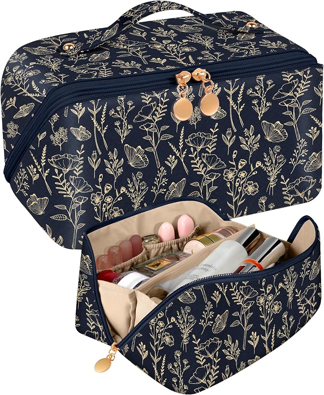 Necessaire de maquiagem Bistup dobrável e expansível com zíper, estampa floral dourada 3-Gold Floral, 20,32 cm x 15,24 cm x 15,24 cm