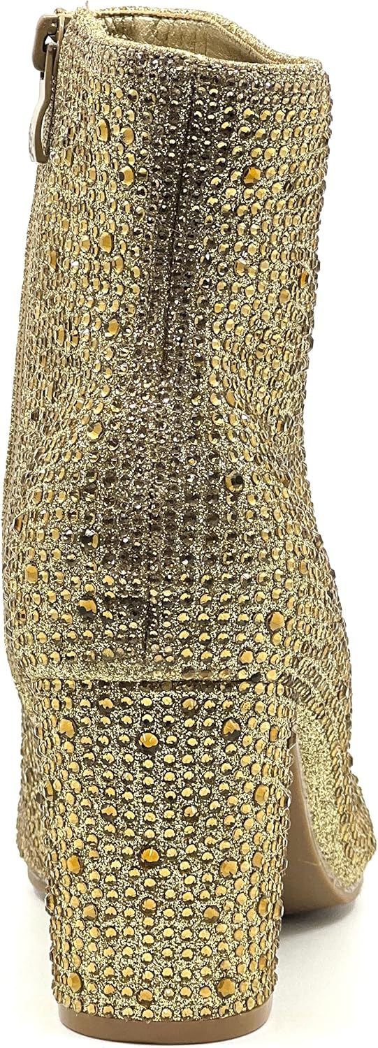 Women Rhinestone Block Chunky Heel Ankle Bootie Iceberg 12 By Forever shoes Gold Size 7 - Image 3
