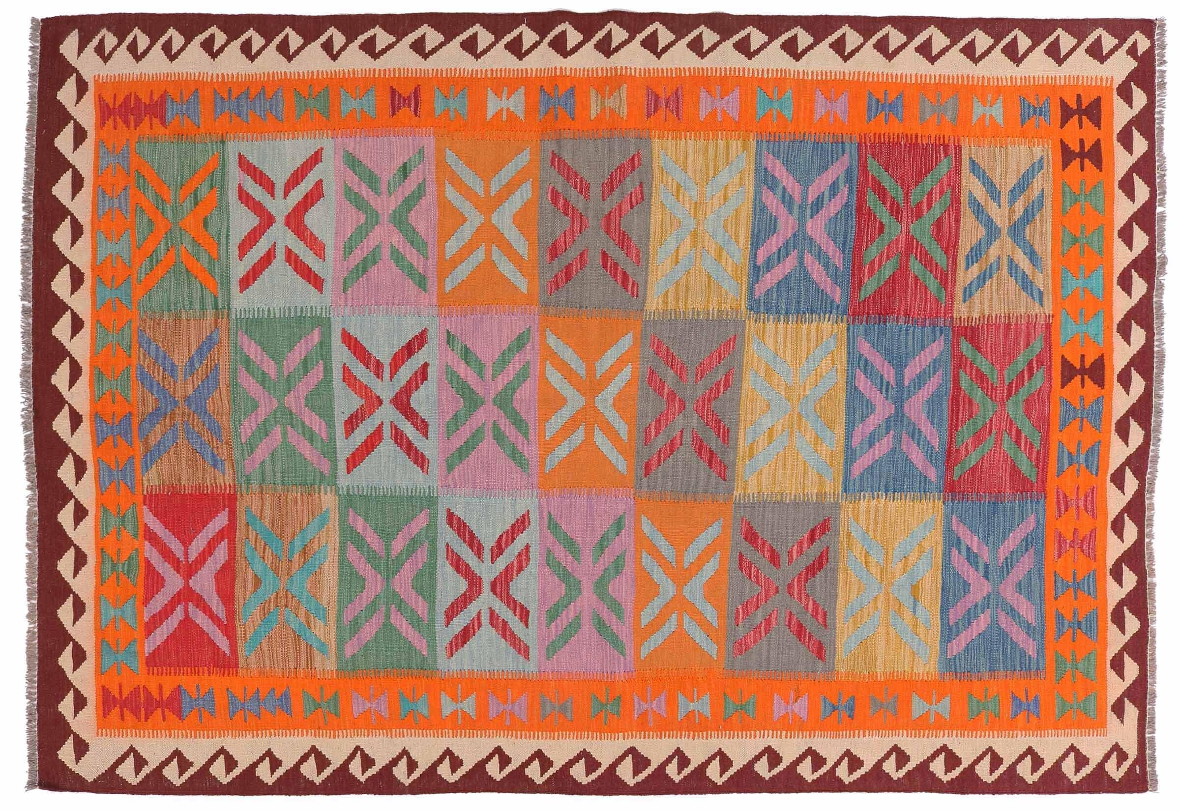 Tapis Maimana Kelim afghan tissé à la main multicolore géométrique 170x250 cm