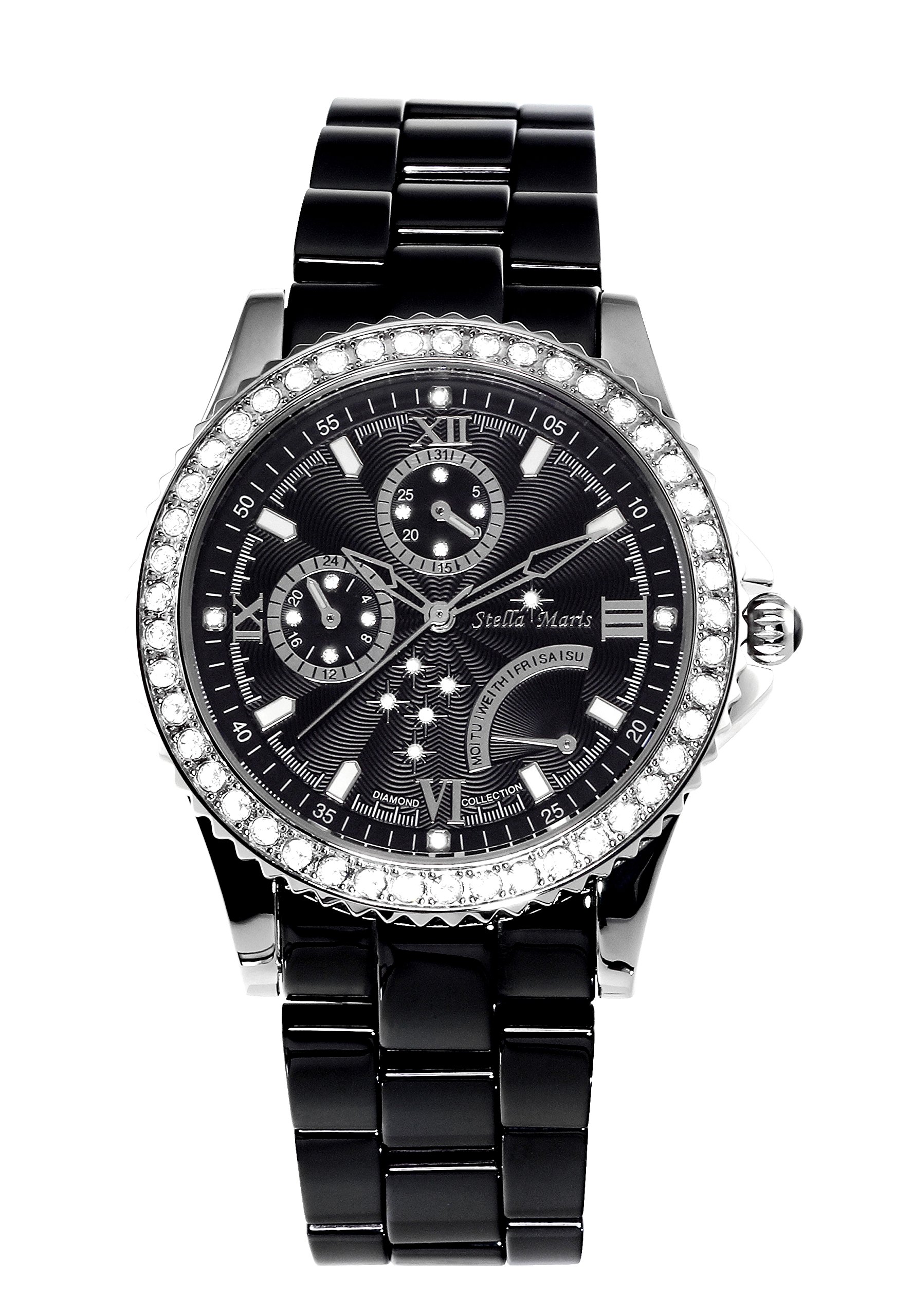 Stella Maris Damen Armbanduhr Analog Quarz Uhr Stilvolle Elegante Damenuhr Frauenuhr Schwarz Silber Premium Keramik Armband Diamanten Swarovski STM15N2