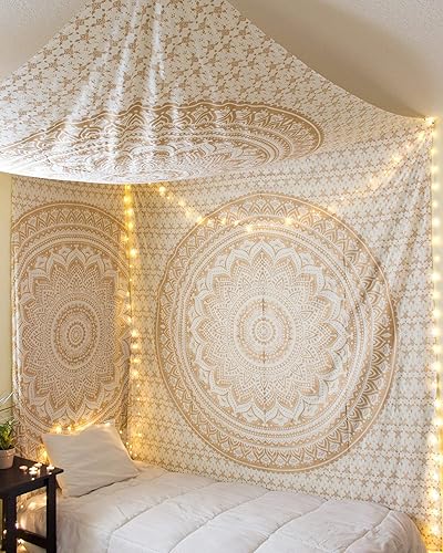 Miniatura 4 de raajsee - Tapiz brillante dorado para colgar en la pared, diseño mandala - Algodón indio, colchas hippie, ropa de cama boho, colcha blanca dorada